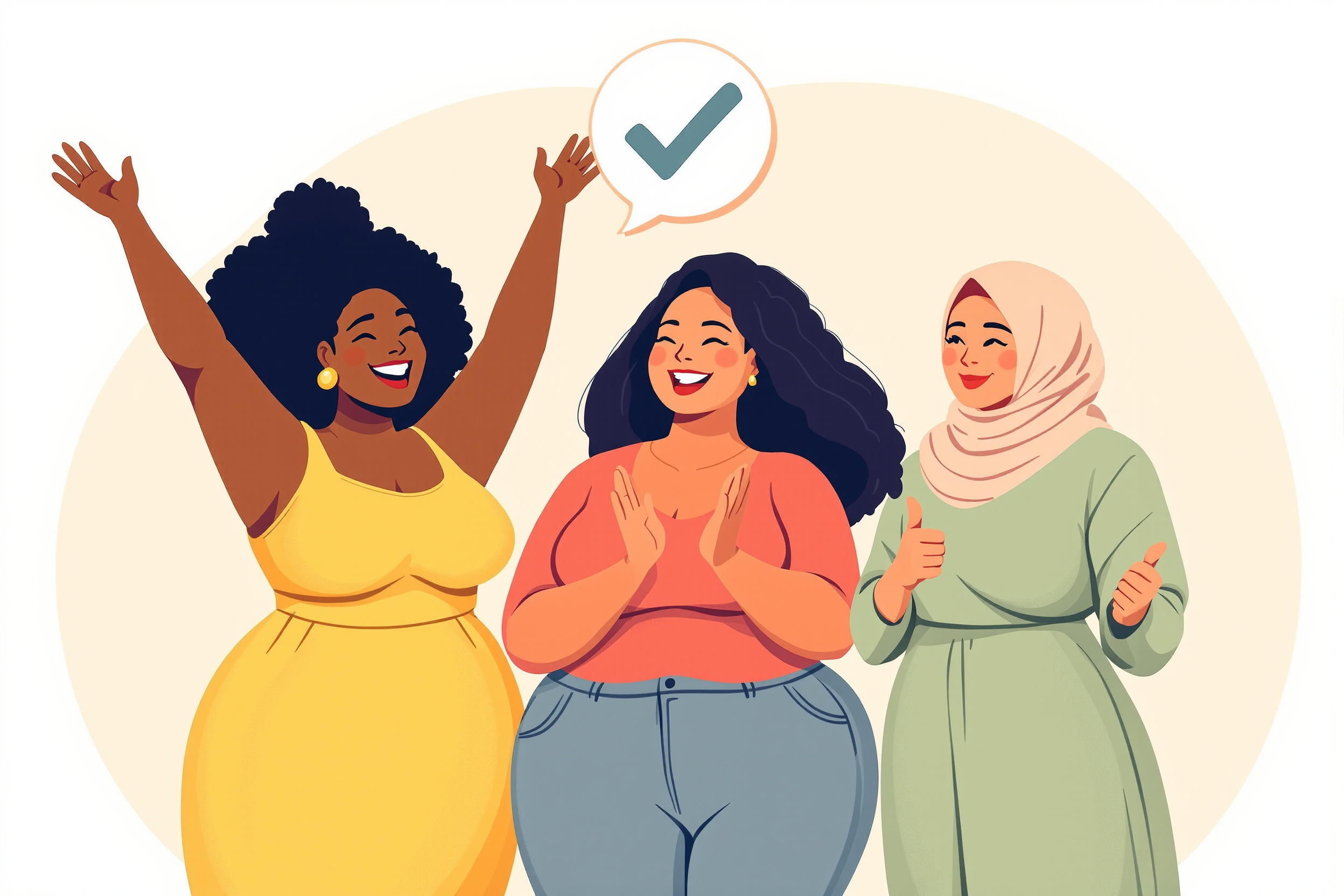 Drei Frauen unterschiedlicher Herkunft freuen sich über die Bewilligung der Liposuktion durch die Krankenkasse.