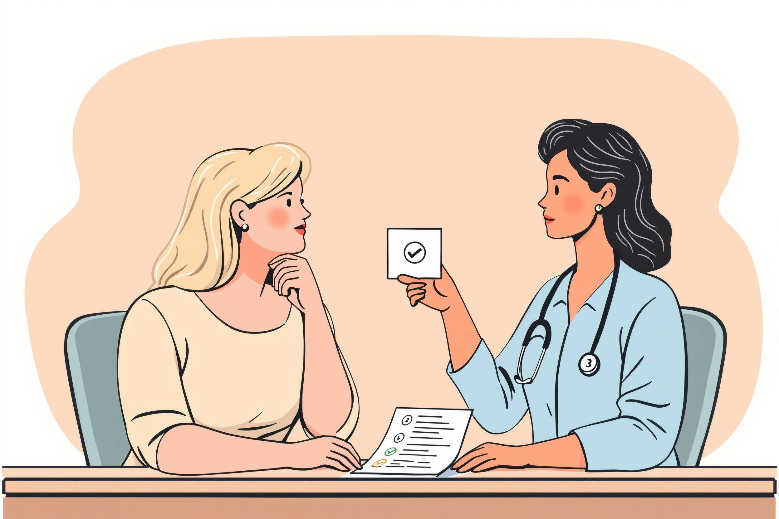 Illustration: Frau trifft informierte Entscheidung über Lipödem-OP mit Ärztin.