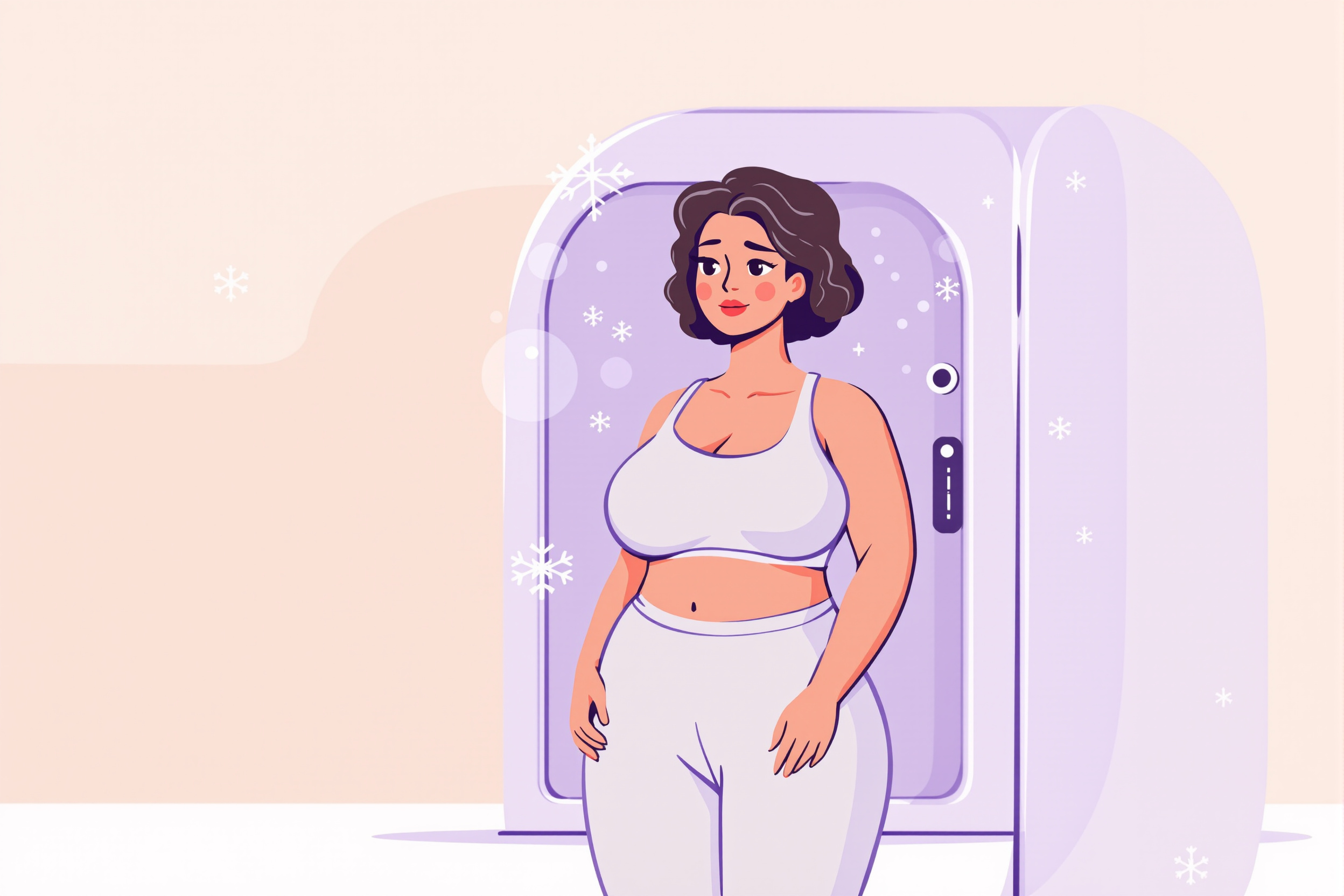 Illustration einer Frau in einer Kältekammer nach Liposuktion zur Förderung der Regeneration, im Stil von LipoCheck.