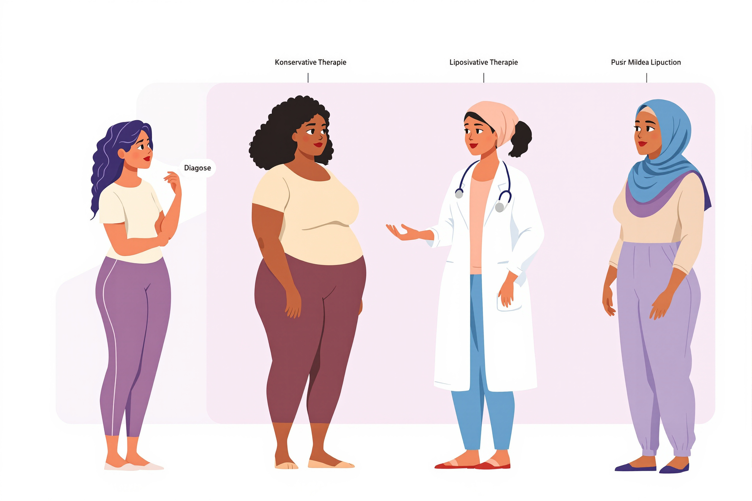 Illustration von Frauen in verschiedenen Stadien der Lipödem-Behandlung, die den Entscheidungsprozess für Liposuktion darstellt.