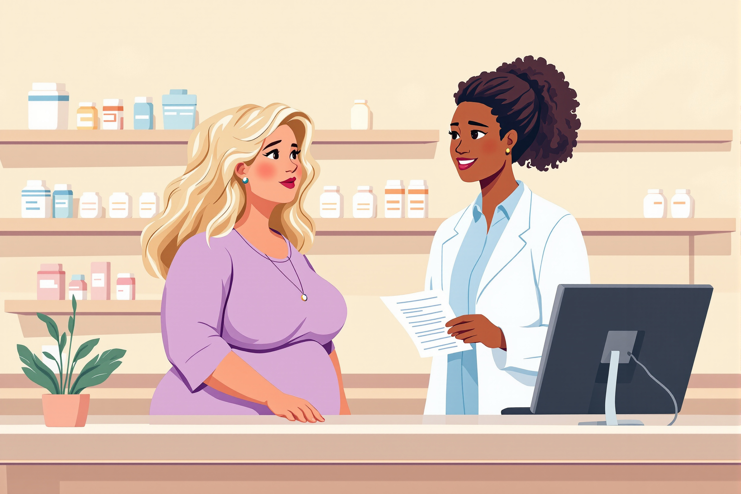 Illustration einer Apothekerin, die eine Patientin vor einer Liposuktion über Medikamente berät.