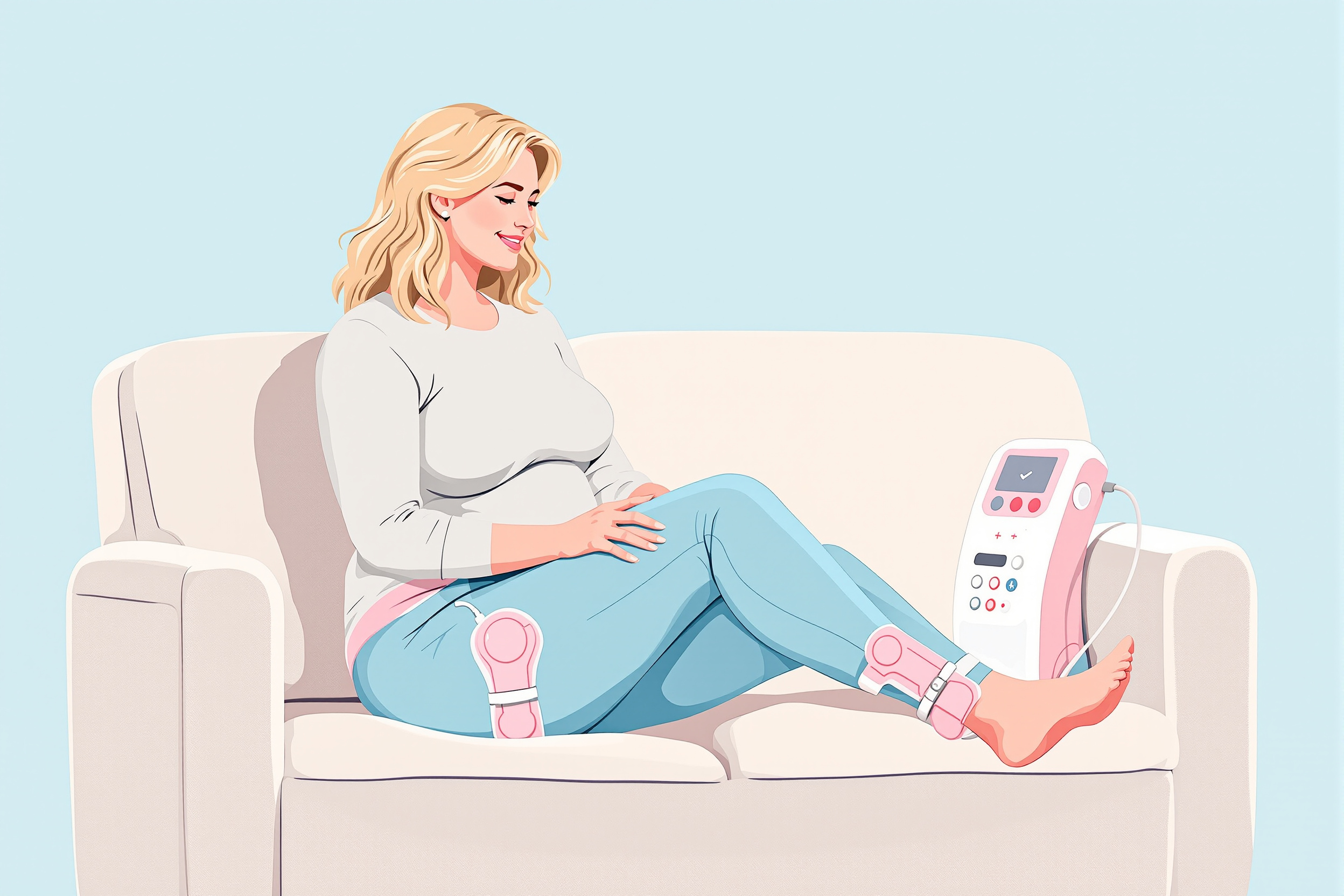 Illustration einer Frau, die ein Lymphdrainage-Gerät zur Behandlung von Lipödem verwendet.