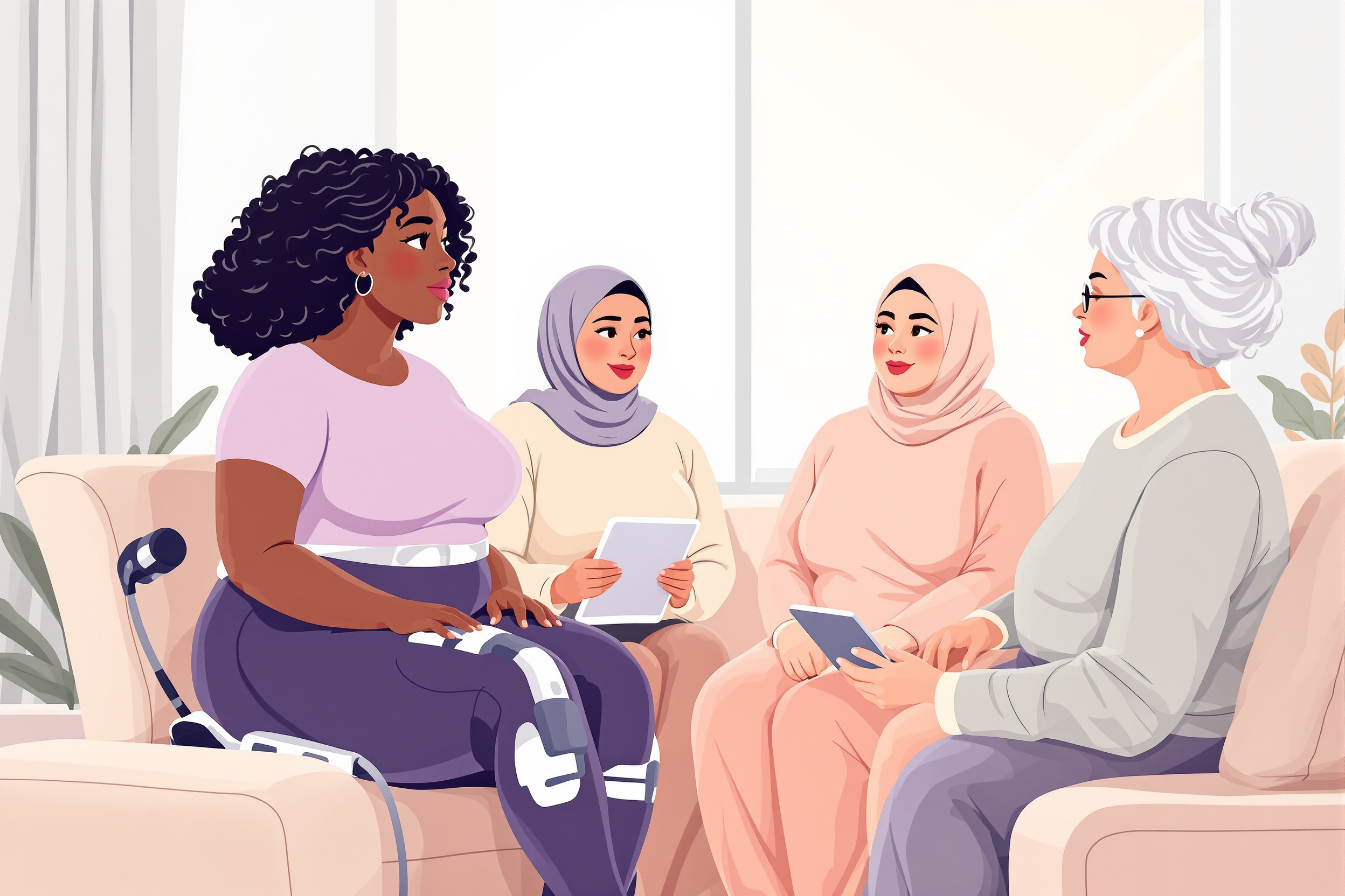 Illustration: Frauen unterschiedlicher Ethnien diskutieren über IPK-Geräte bei Lipödem und Krankenkassenleistungen.