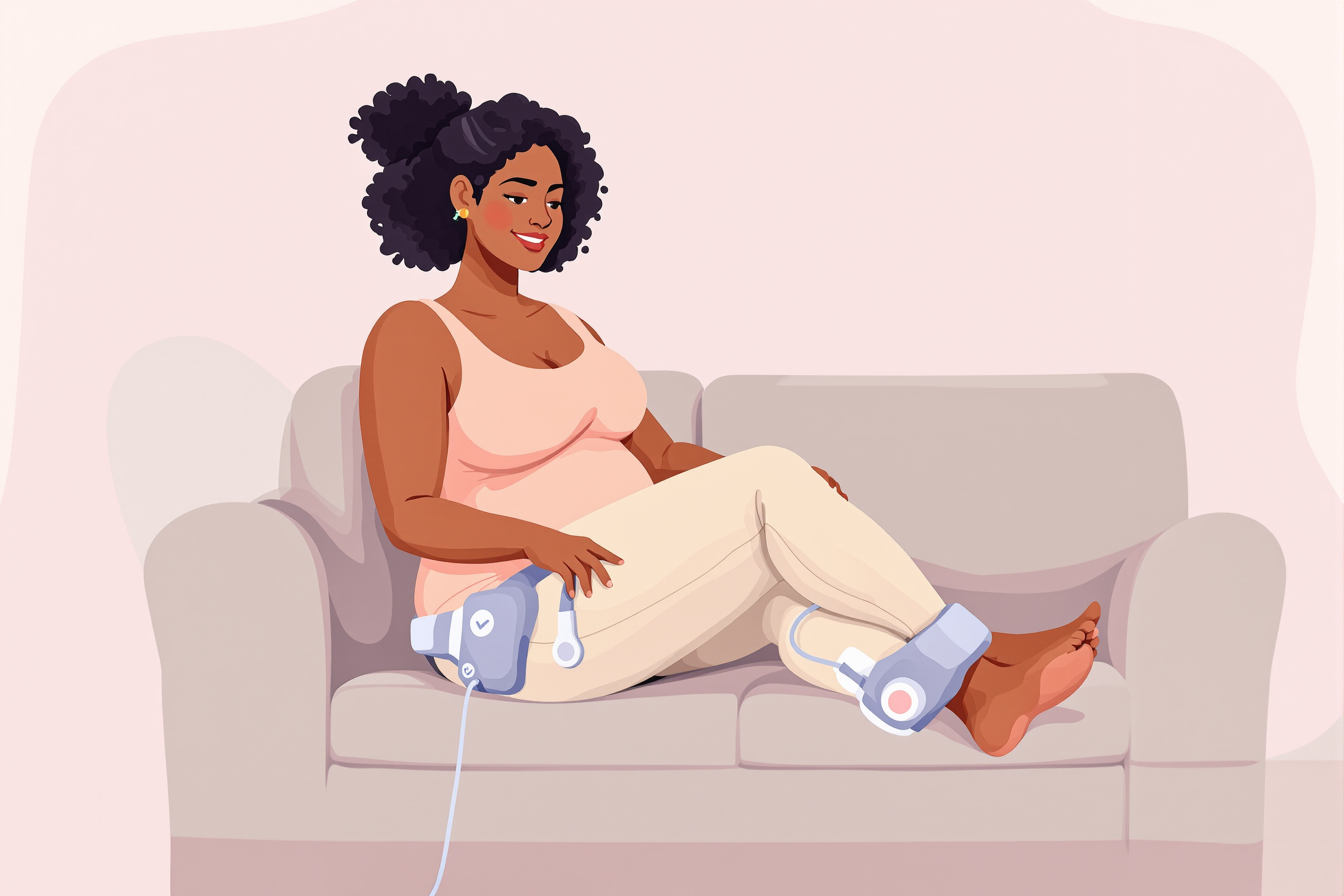 Frau nutzt Lymphdrainage Gerät zu Hause, um Lipödem-Symptome zu lindern.