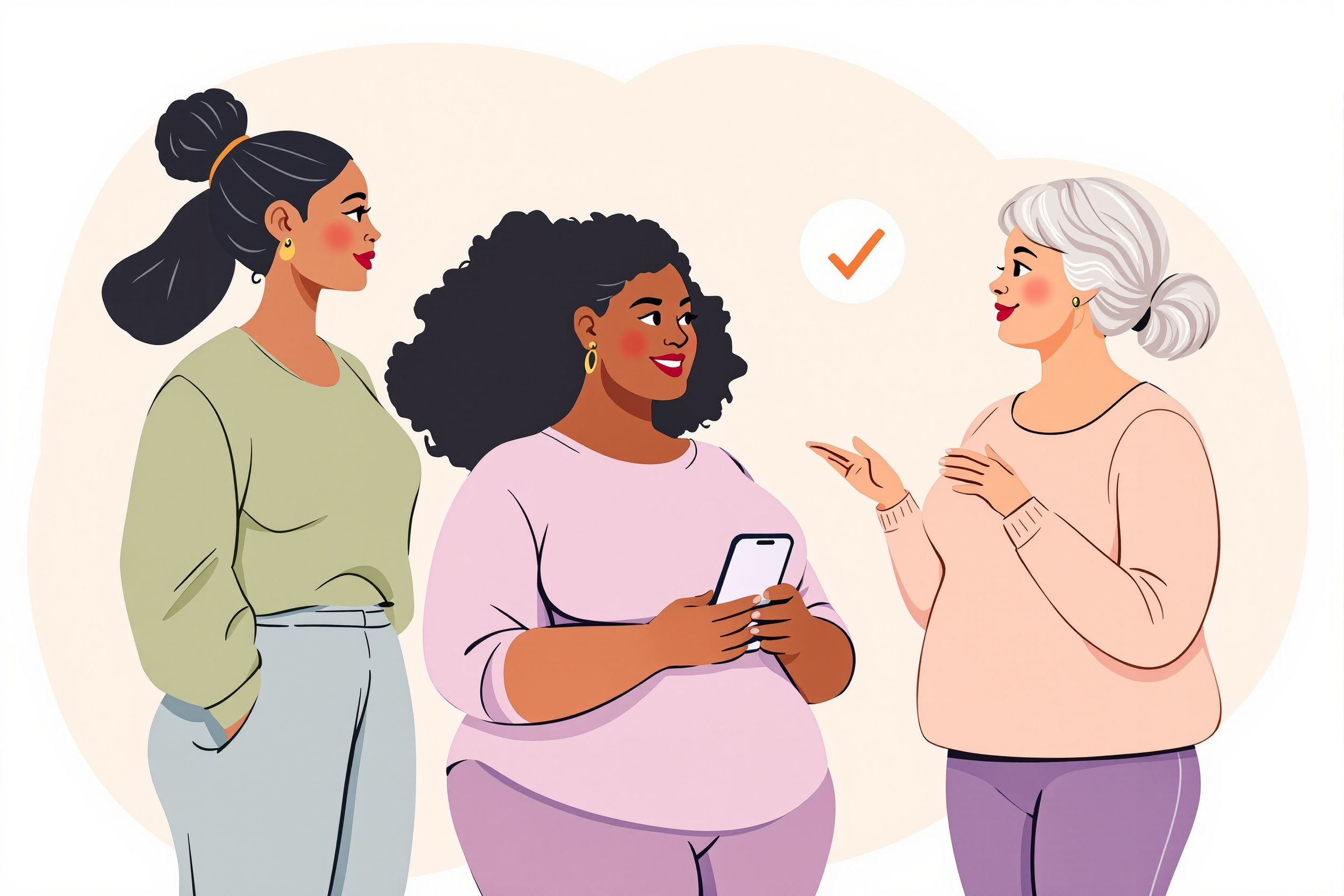 Illustration von drei Frauen, die über Lipödem-Therapieoptionen sprechen, wobei die LipoAlly-App im Mittelpunkt steht.