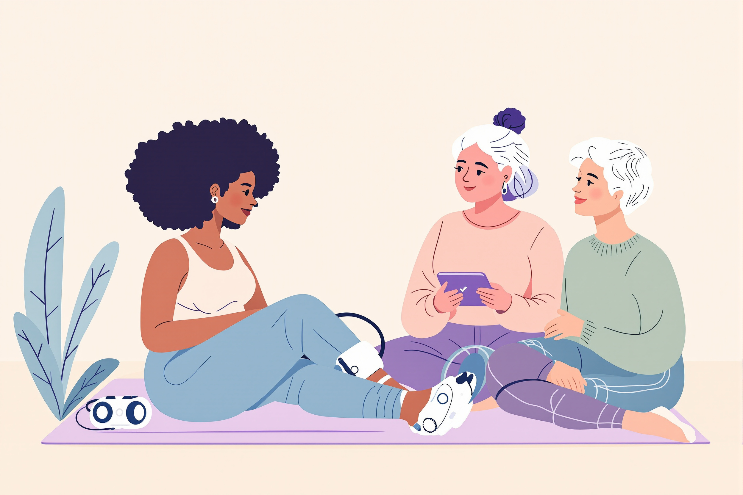 Illustration: Frauen vergleichen Lymphdrainage-Geräte für Lipödem-Therapie zu Hause.