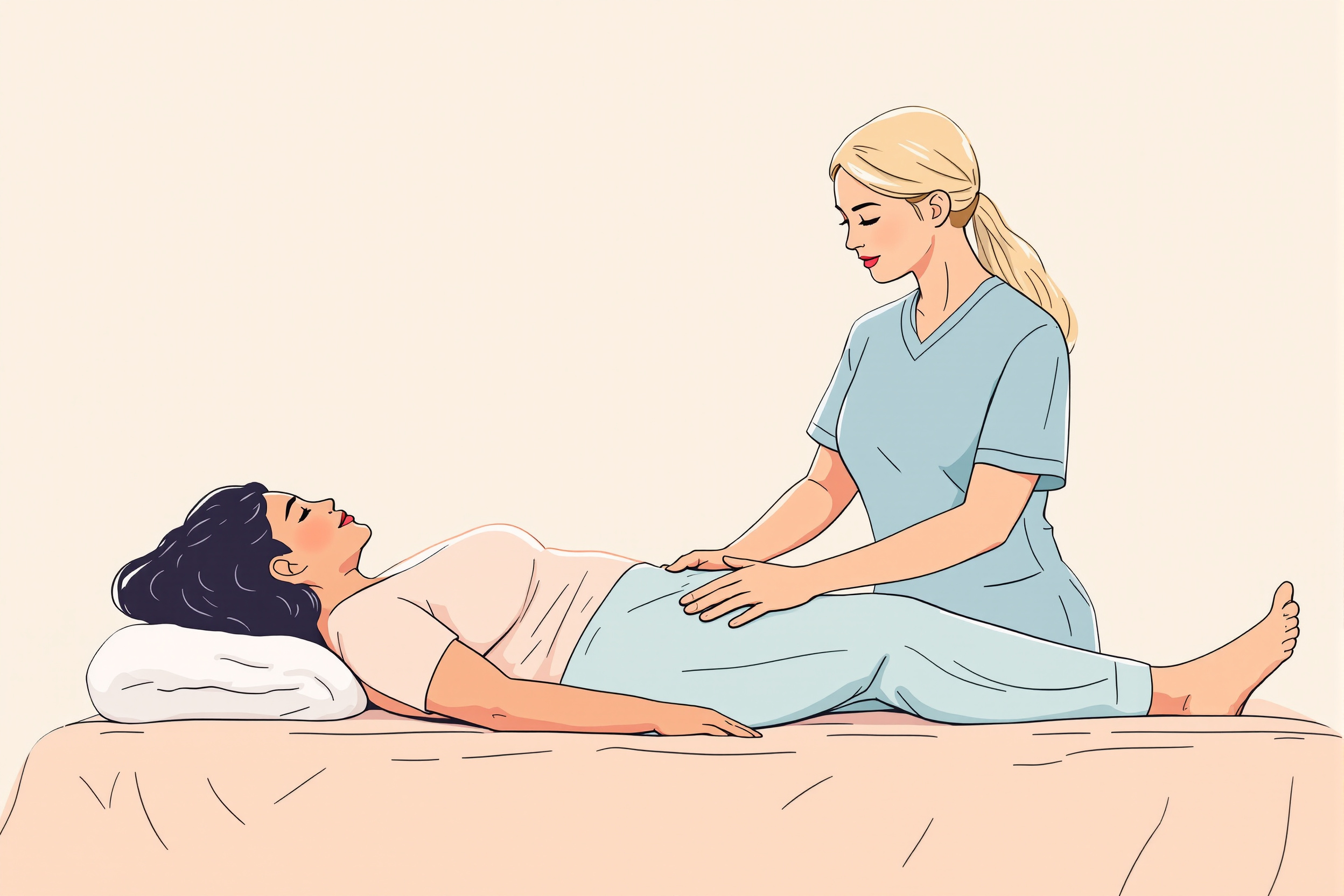 Illustration einer Frau, die sich einer manuellen Lymphdrainage zur Behandlung von Lipödem unterzieht.