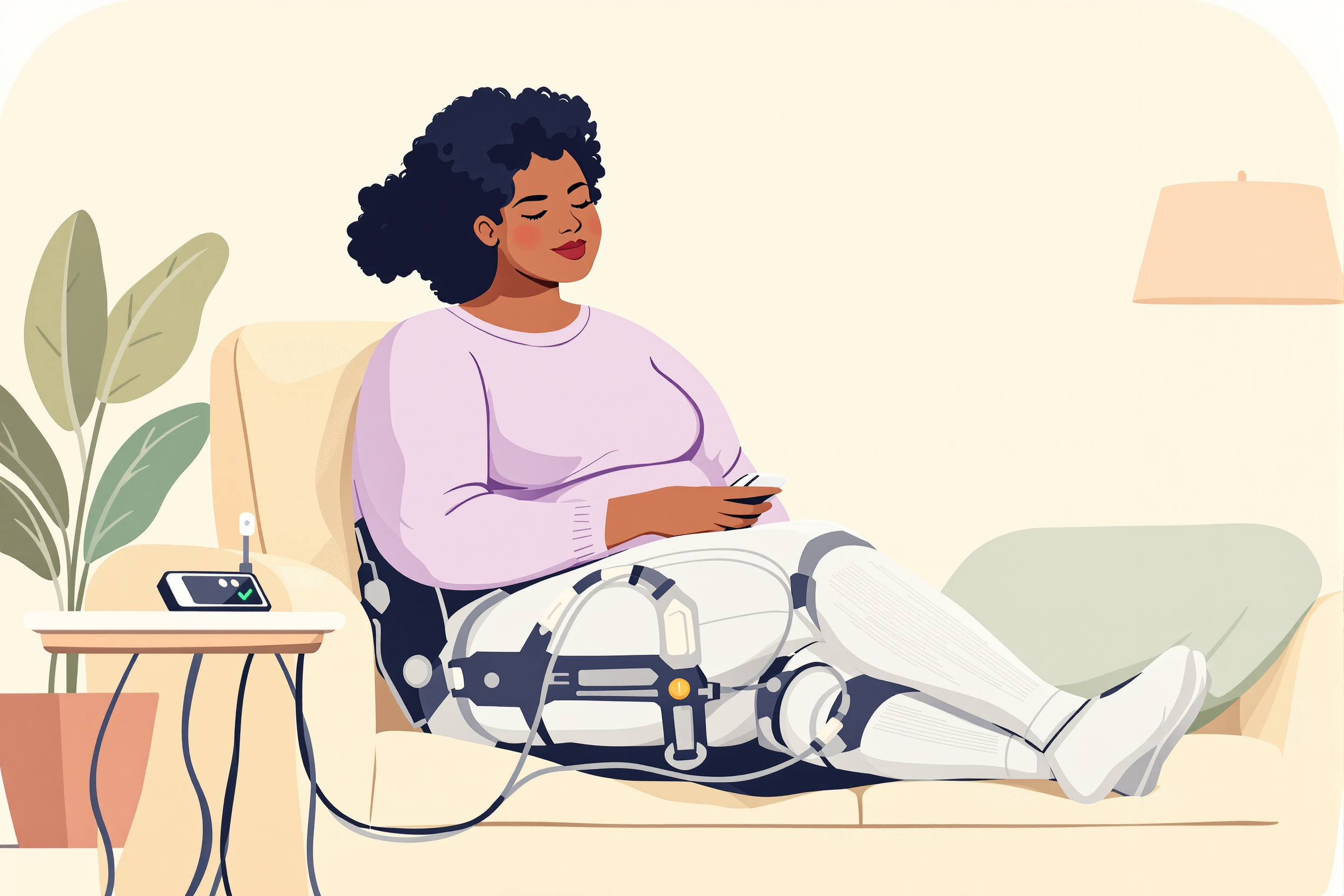 Frau nutzt IPK-Gerät zu Hause zur Linderung von Lipödem-Schmerzen.