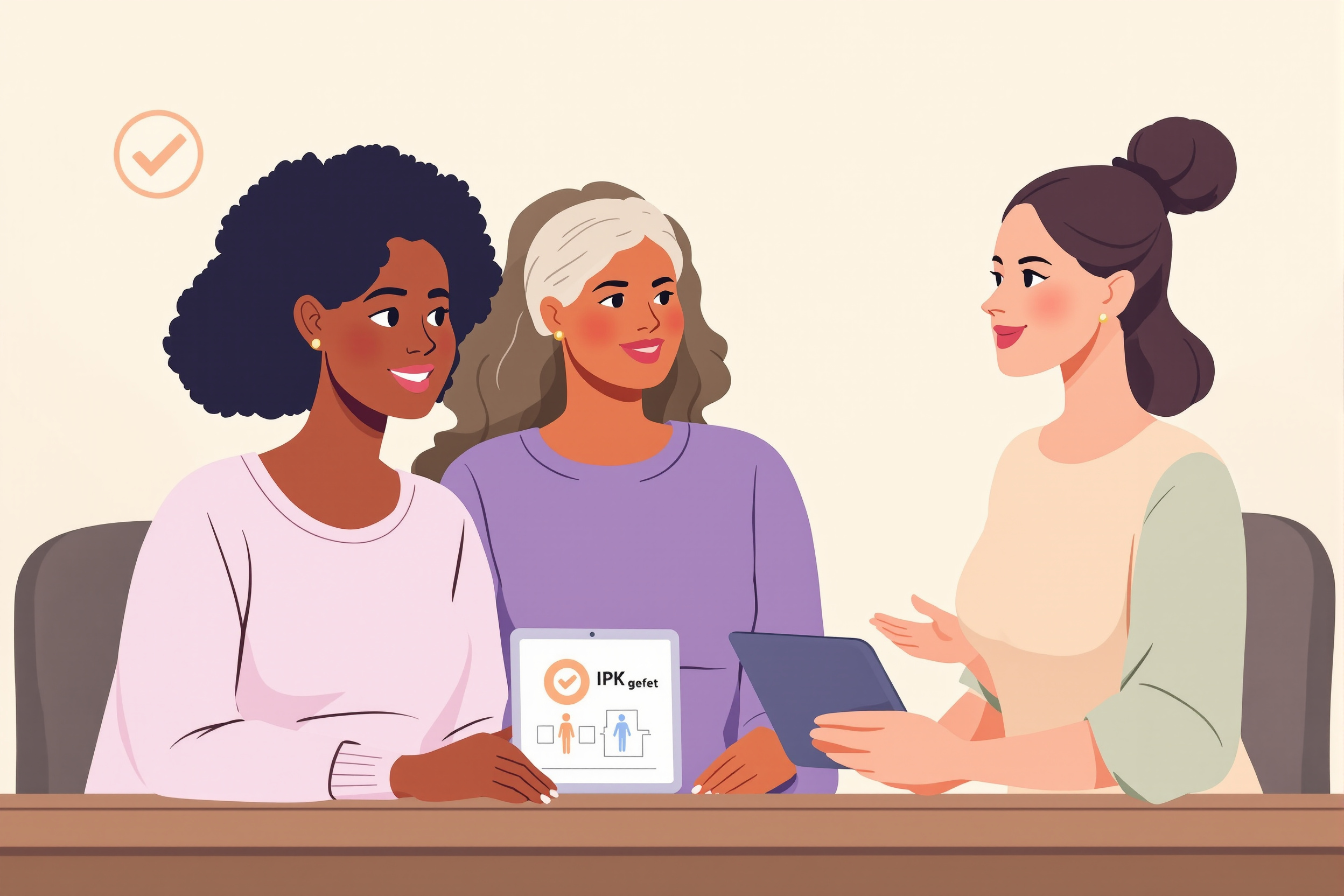 Drei Frauen sprechen über IPK-Geräte bei Lipödem. Illustration im Flat-Vector-Stil.