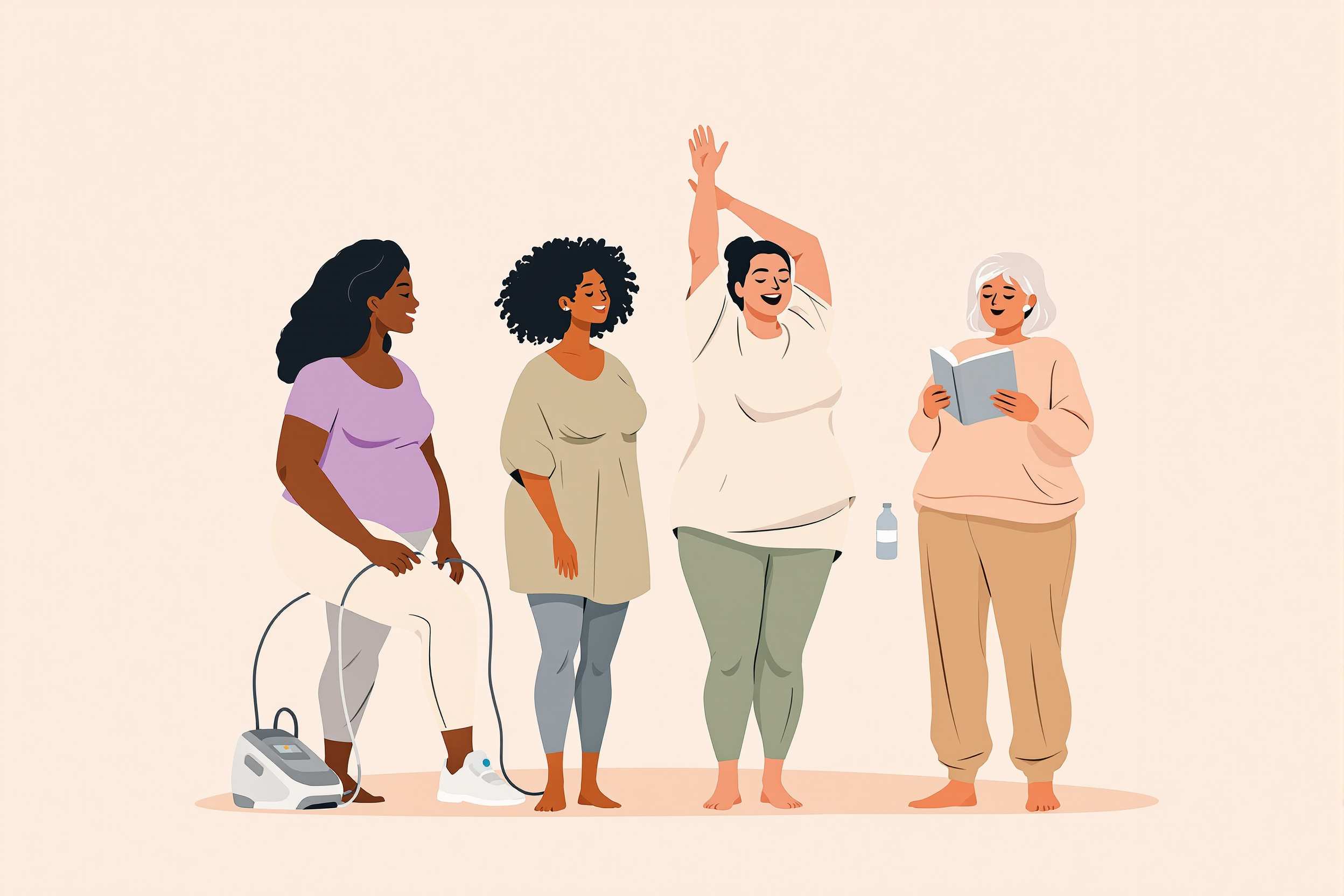 Illustration: Frauen nutzen IPK-Therapie (Venen Engel) zur Linderung von Lipödem-Symptomen.