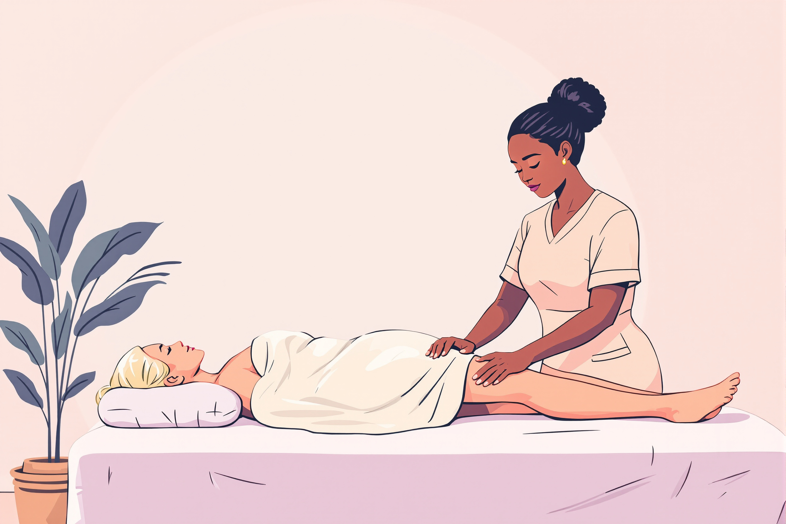 Illustration einer Lymphdrainage-Sitzung bei Lipödem, die eine Patientin und eine Therapeutin in einer entspannten Umgebung zeigt.