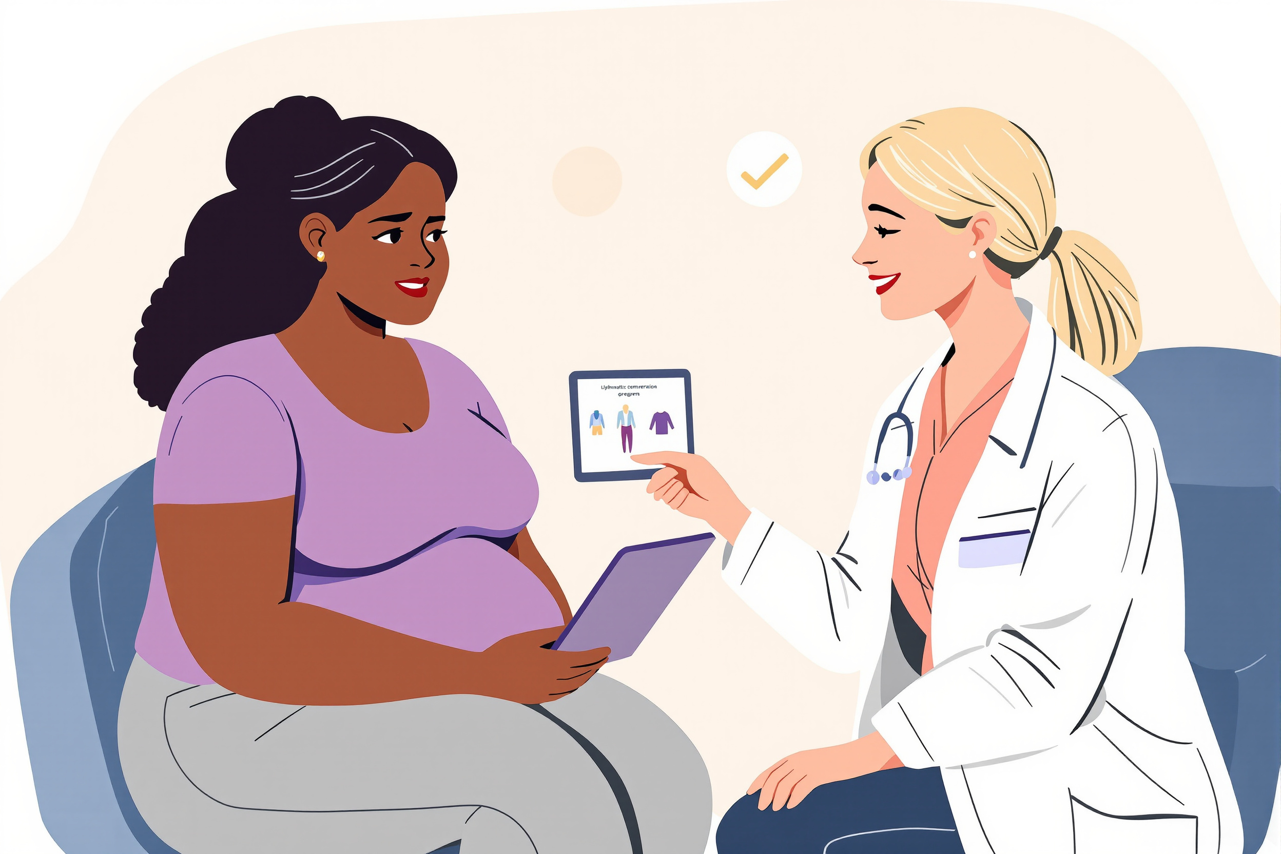 Illustration von zwei Frauen, die Lymphödem-Schmerzen und Behandlungsoptionen auf einem Tablet besprechen, im LipoCheck-Stil.