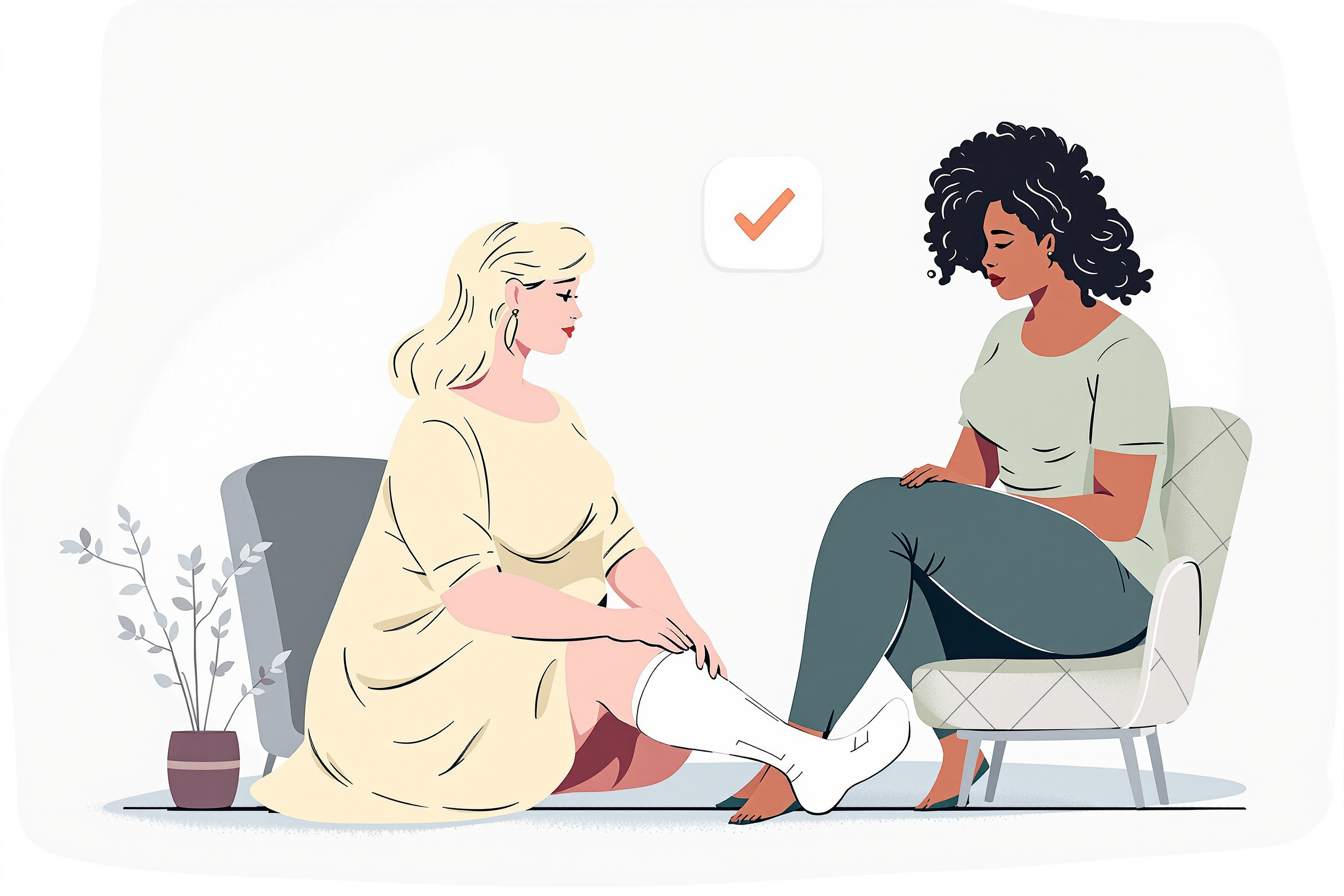 Illustration: Zwei Frauen, die konservative Lipödem-Therapie durchführen – Lymphdrainage und gegenseitige Unterstützung.