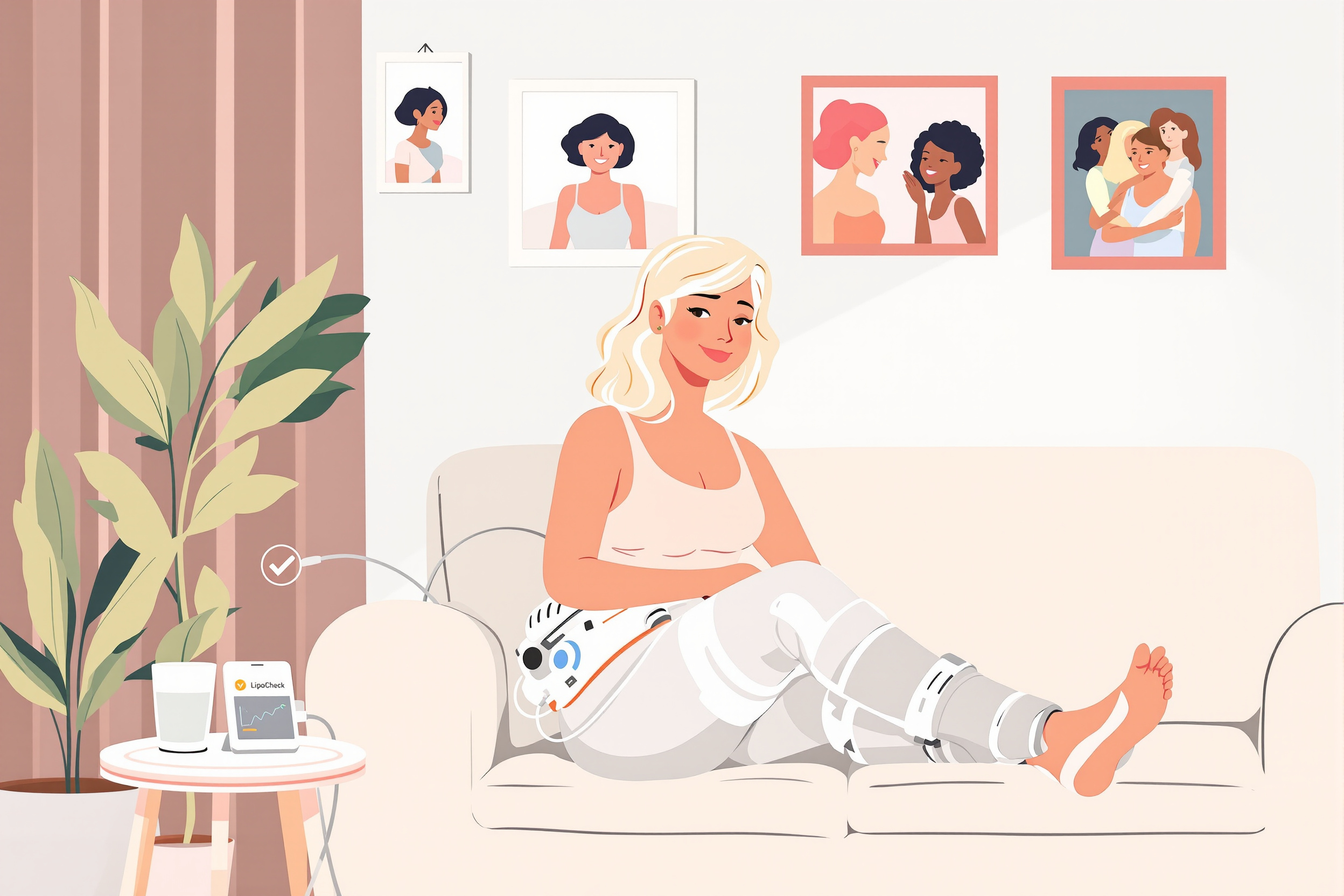 Illustration einer Frau mit Lipödem, die ein Lymphdrainage-Gerät zu Hause benutzt, umgeben von positiven Elementen wie einer unterstützenden Community und der LipoCheck App.
