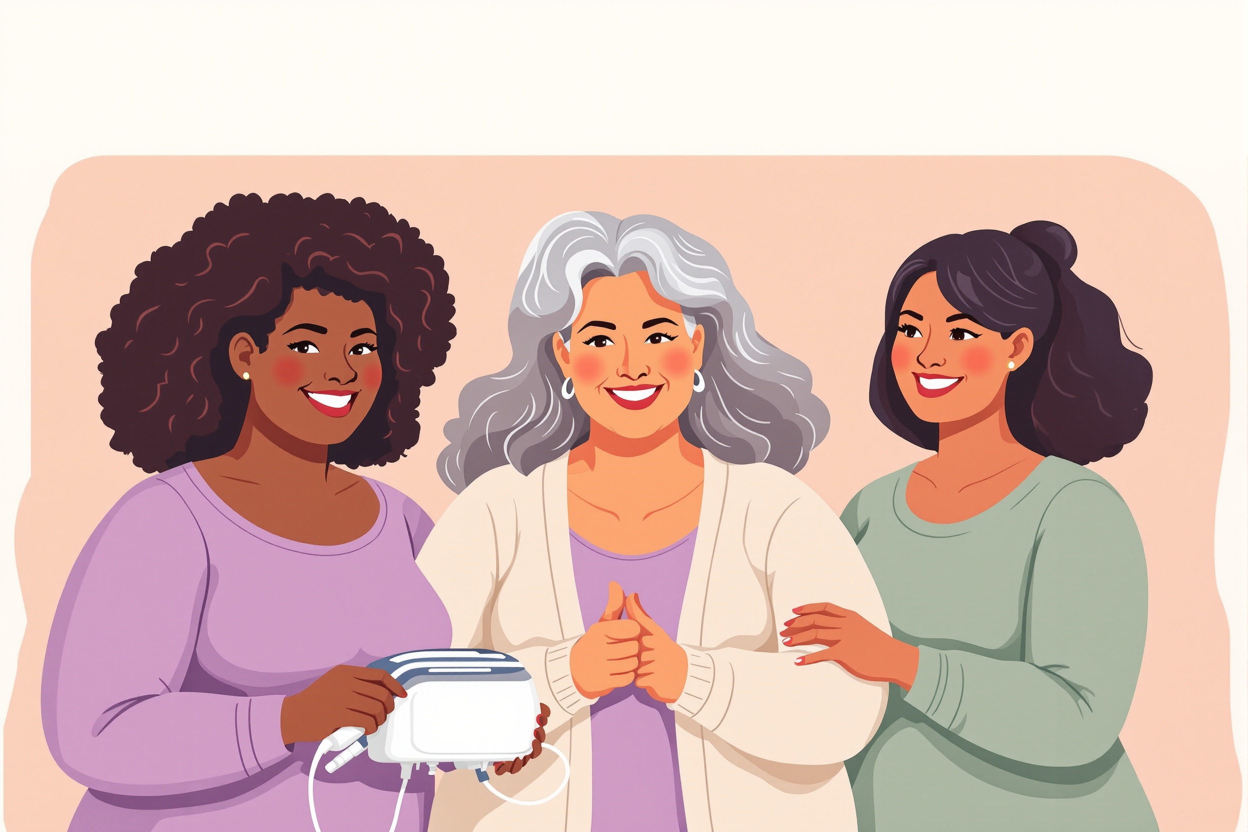 Illustration von drei Frauen, die ein IPK-Gerät positiv darstellen, im Kontext von Lipödem.