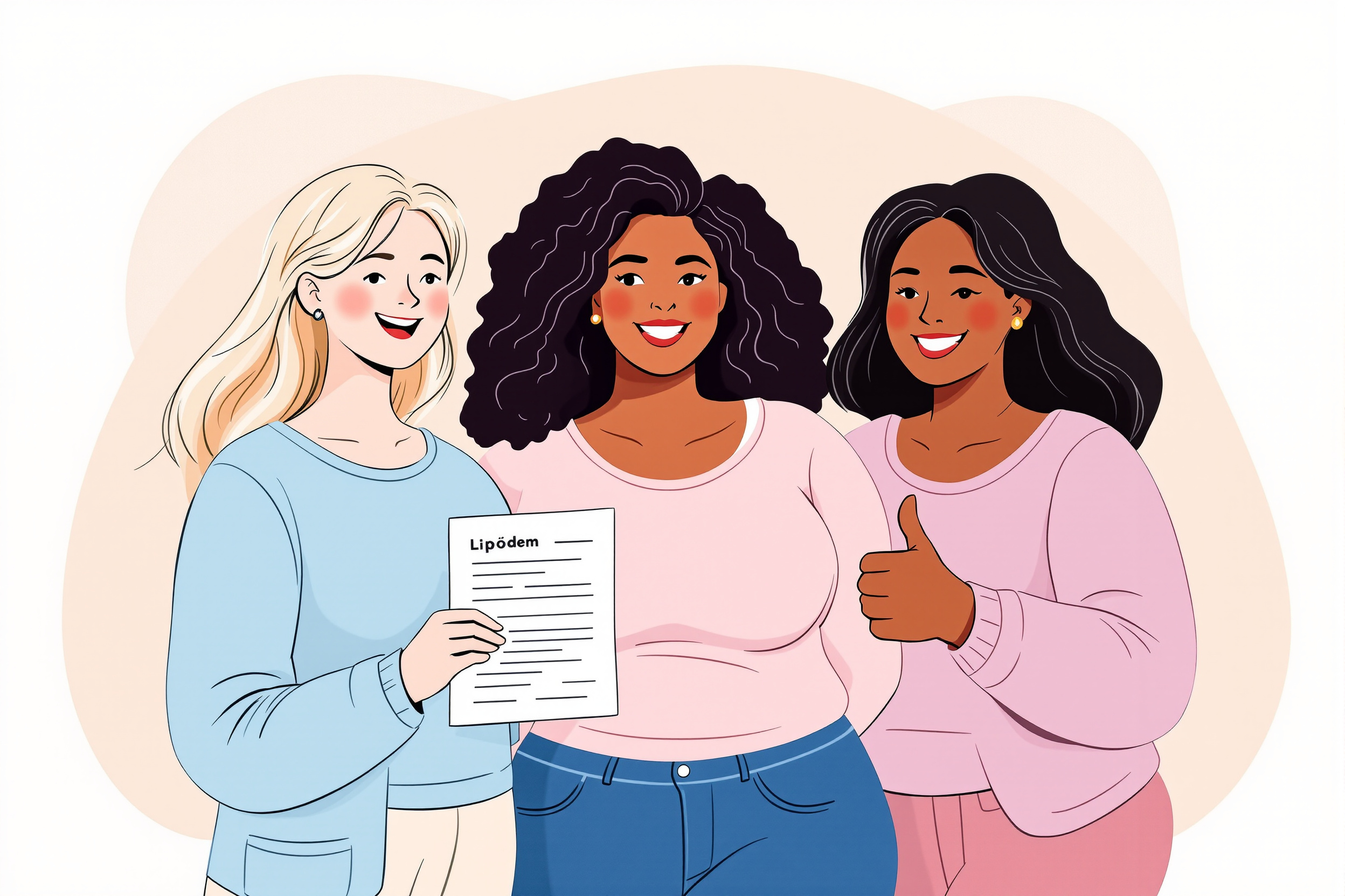 Illustration von drei Frauen, die sich über ein Rezept für ein Lymphdrainage-Gerät freuen.