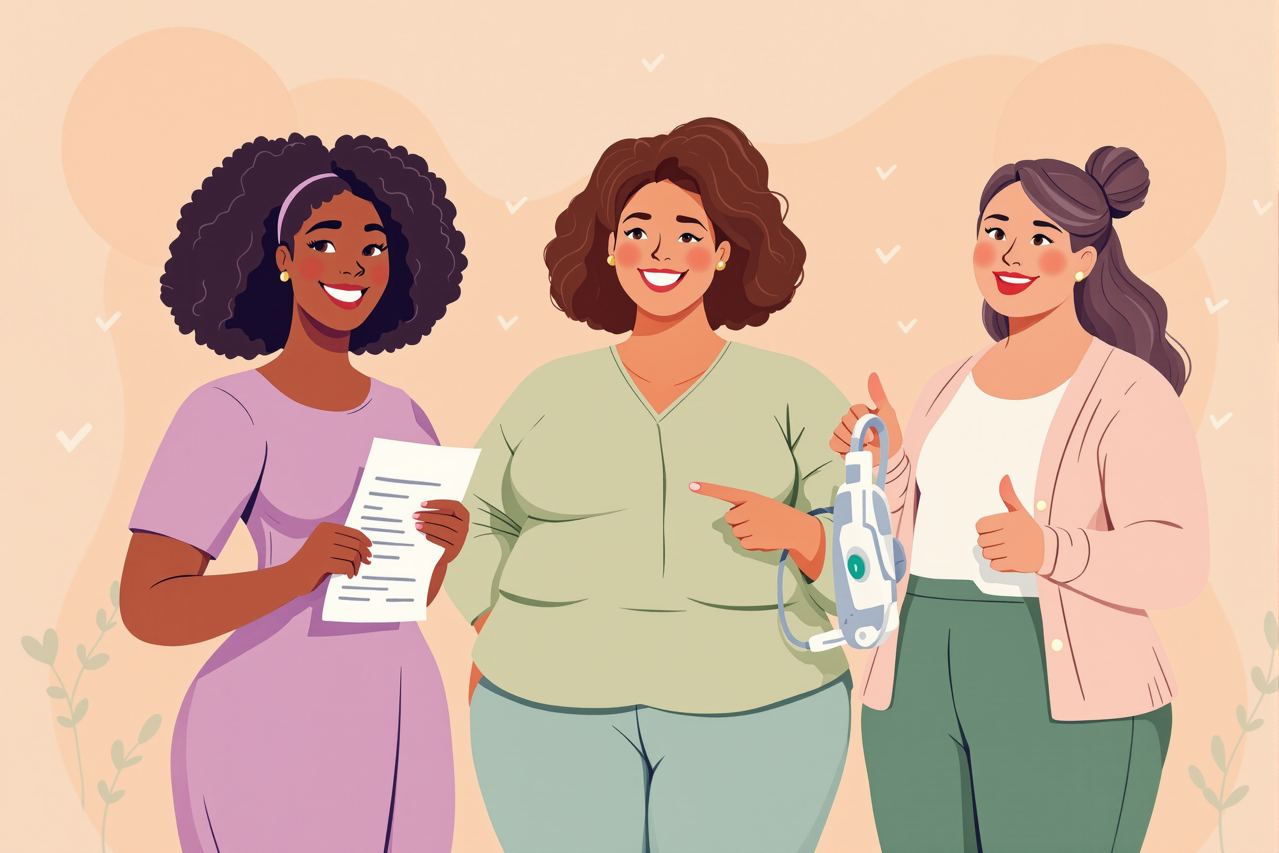 Illustration von drei Frauen, die sich über die Kostenübernahme von Venenengeln bei Lipödem freuen.