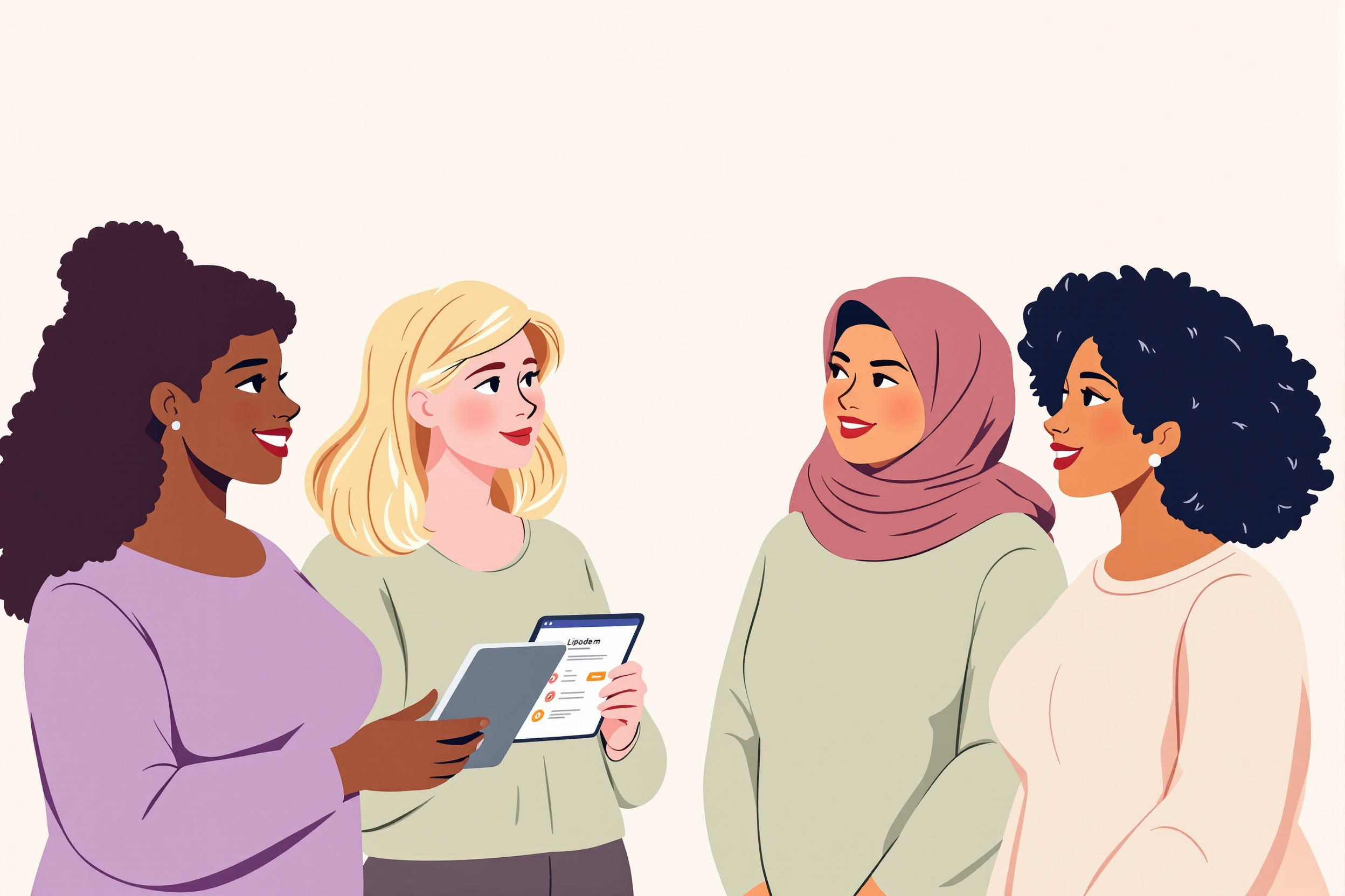 Illustration von vier Frauen unterschiedlicher Ethnien, die sich über Medikamente gegen Lipödem austauschen, im LipoCheck-Stil.