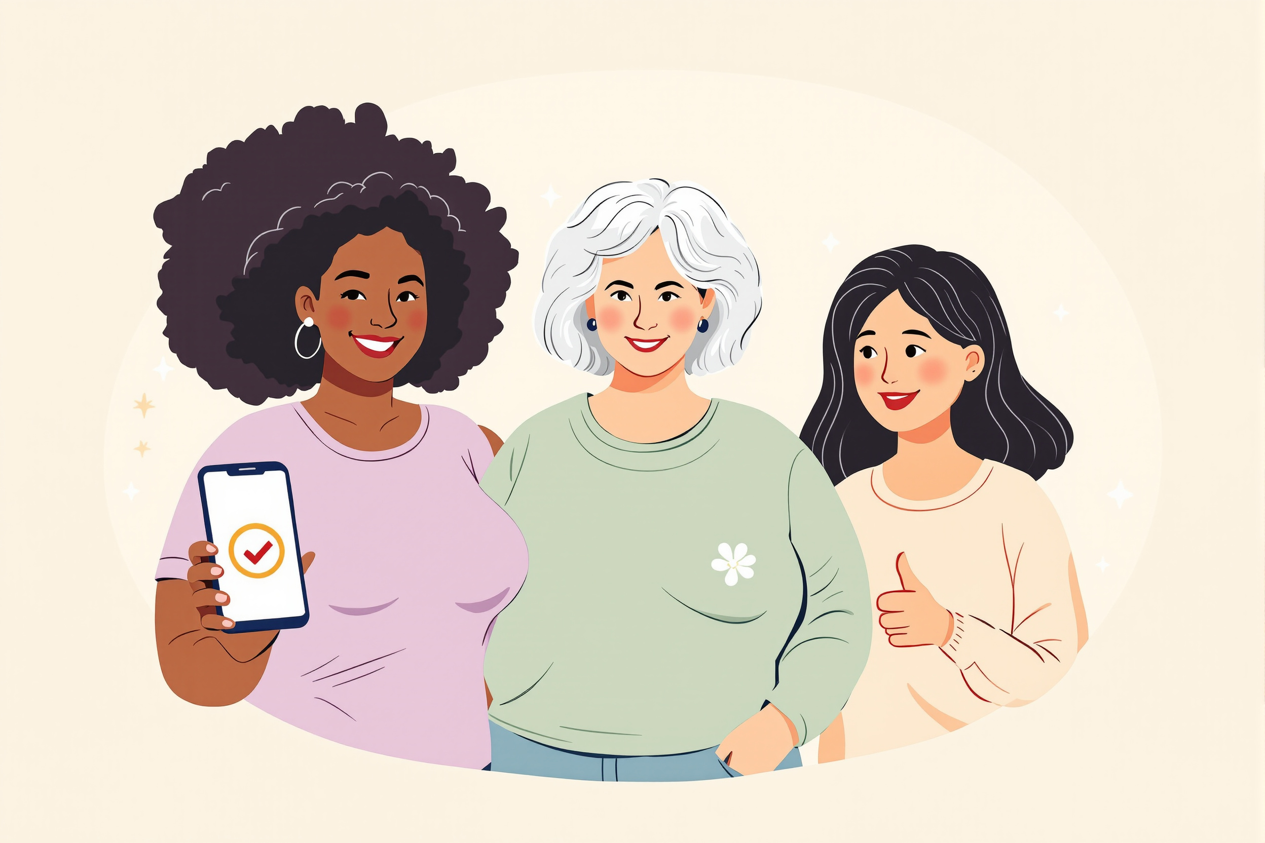 Illustration von drei Frauen unterschiedlicher Ethnien und Körperformen, die sich über die Kostenübernahme einer Lipödem-Behandlung freuen; dargestellt im freundlichen, flachen Vektorstil.