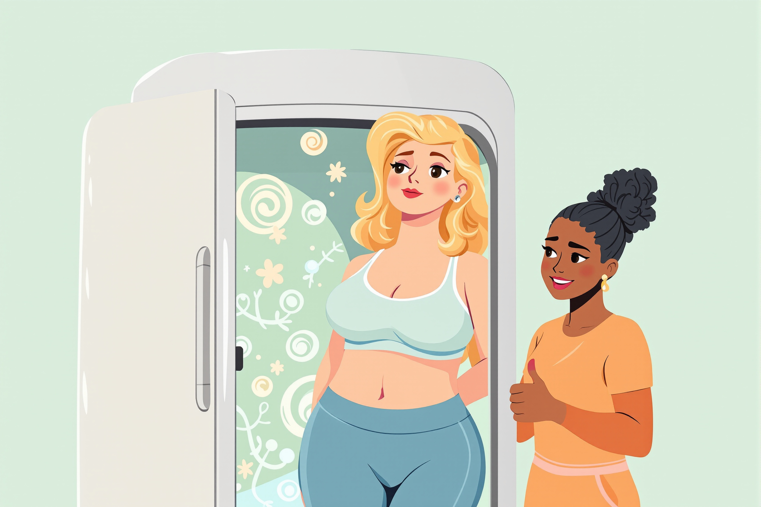 Illustration einer Frau in einer Kältekammer zur Linderung von Lipödem-Schmerzen.