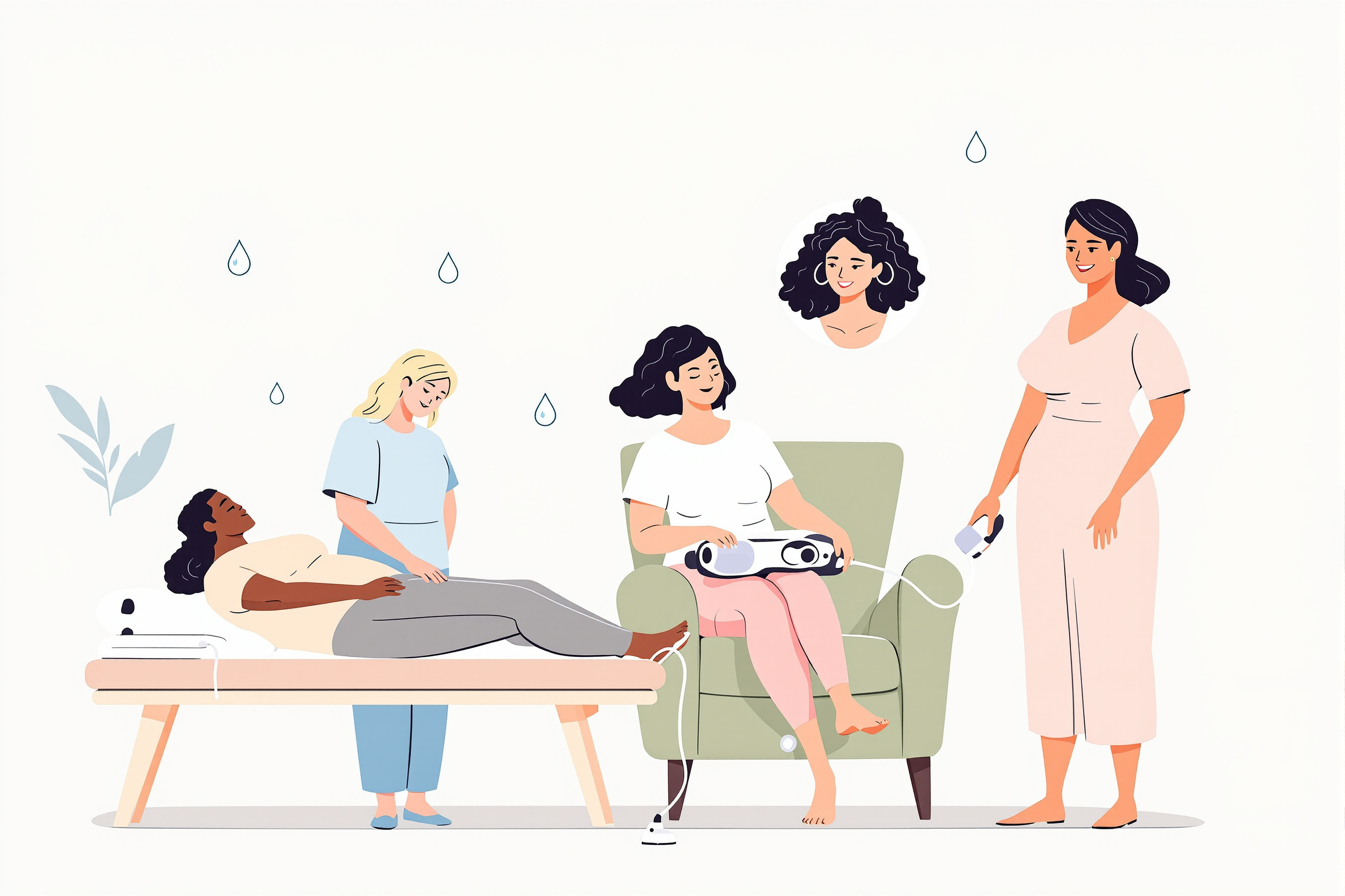 Illustration von vier diversen Frauen, die Lymphdrainage zur Linderung von Lipödem-Symptomen nutzen.