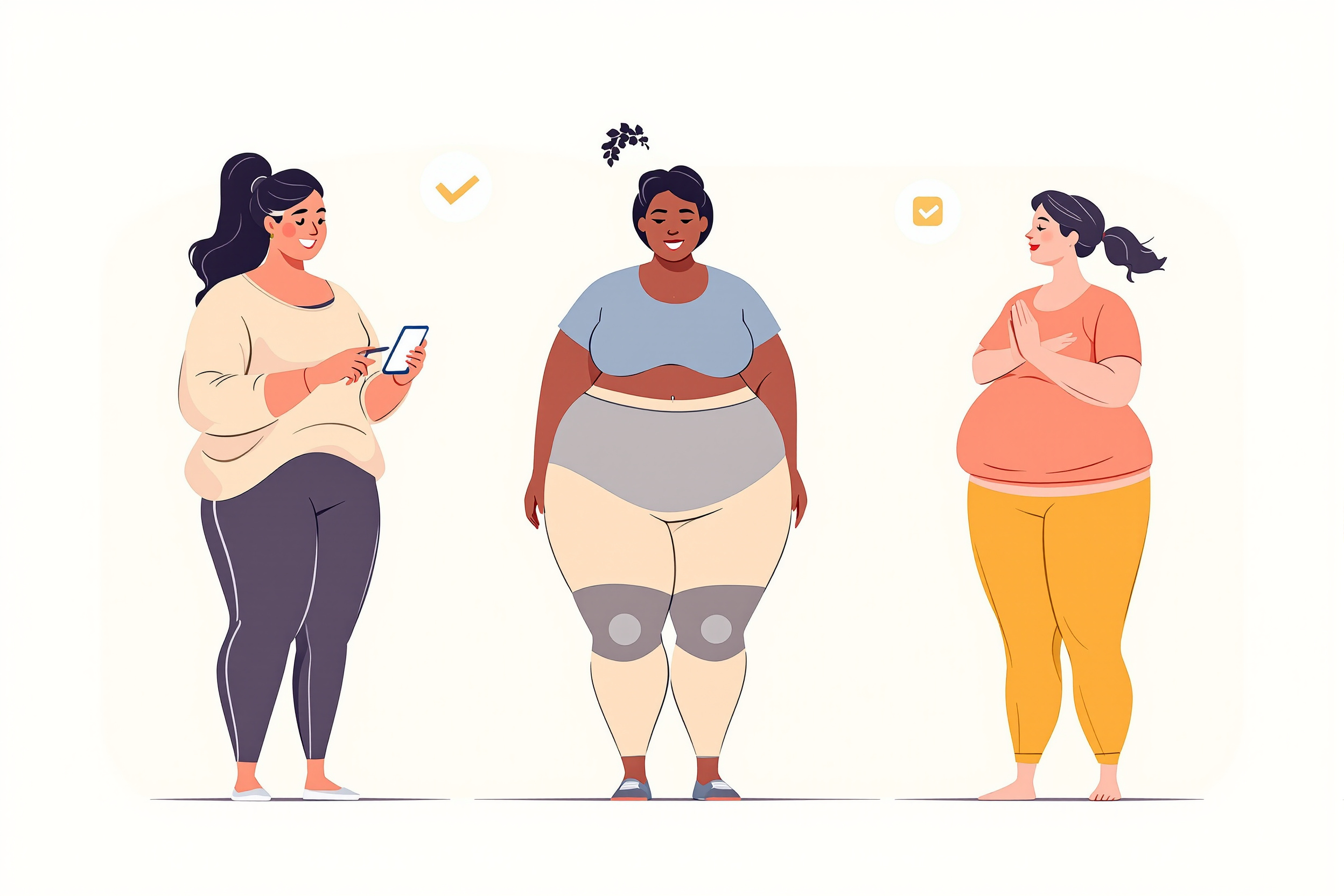Illustration von drei Frauen unterschiedlicher Ethnien, die sich gegenseitig unterstützen und die LipoAlly App nutzen.
