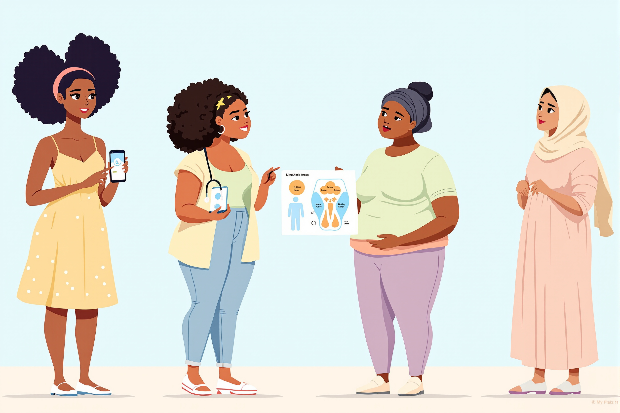 Illustration von vier Frauen, die die Schritte zur Lipödem-Diagnose durchlaufen, dargestellt im Editorial Flat Vector Stil.