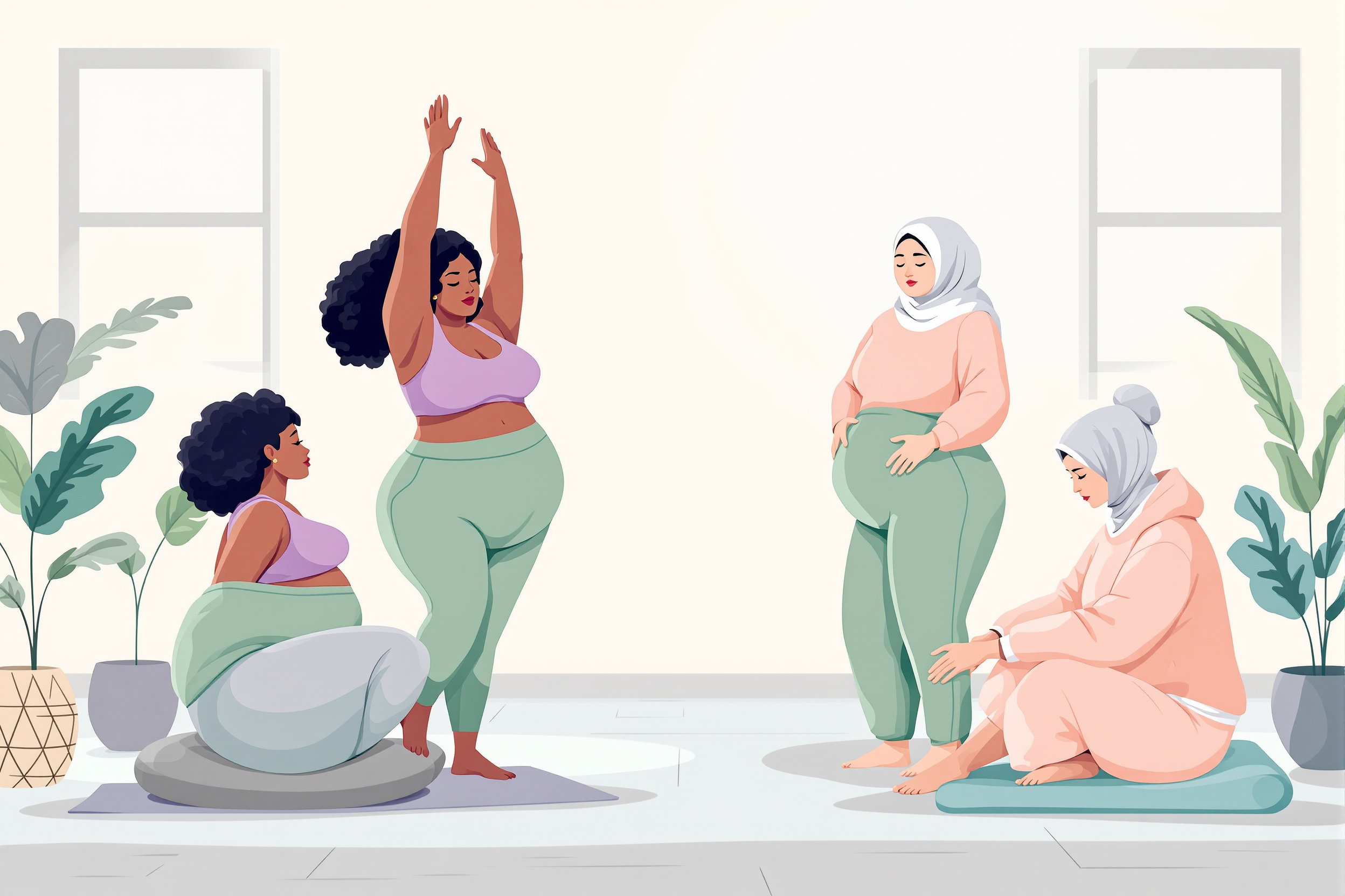 Illustration von drei Frauen unterschiedlicher Ethnien und Körperformen, die die Erleichterung und Stärkung durch Lipödem-Diagnose und -Behandlung darstellen.