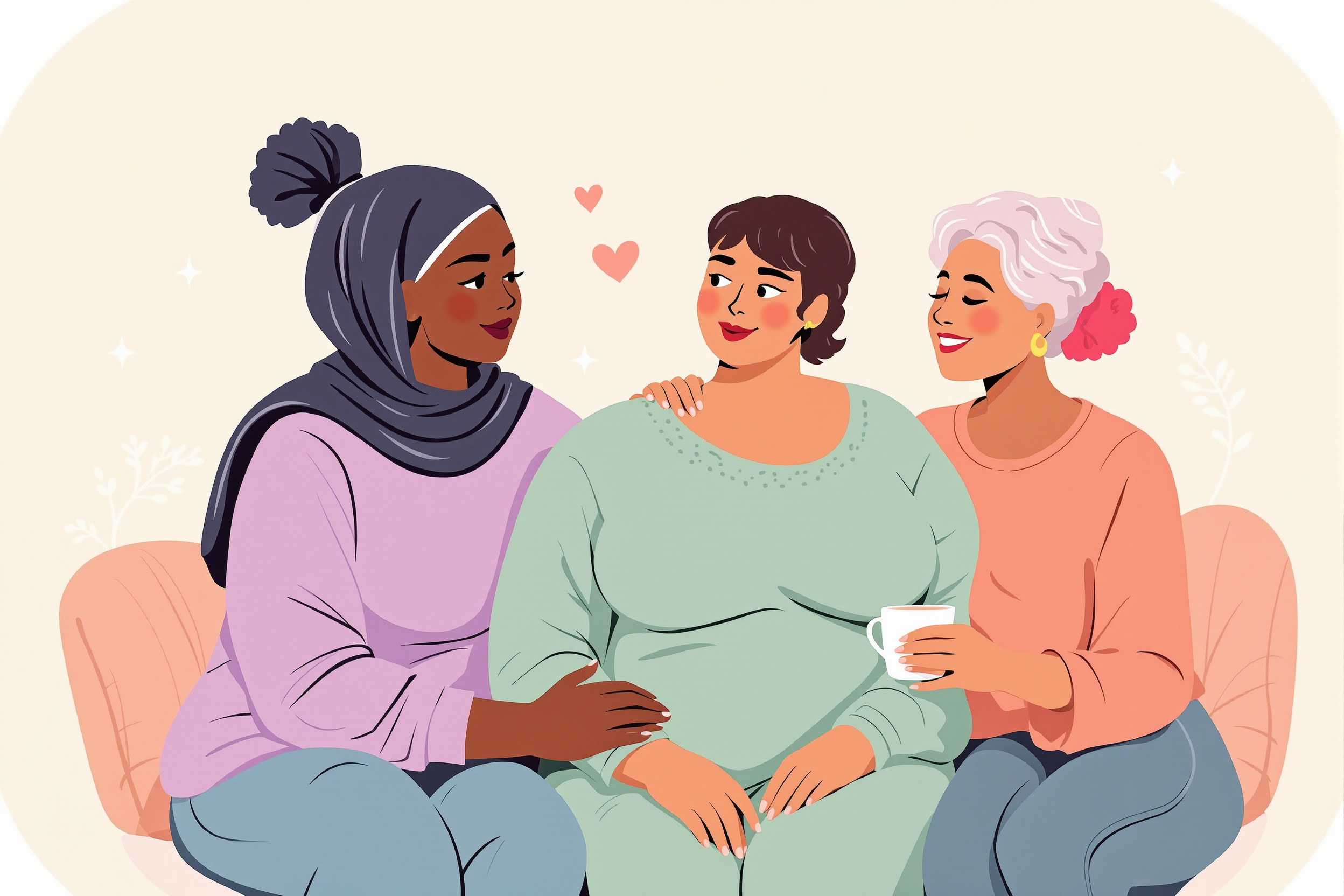 Illustration von drei Frauen, die sich gegenseitig bei Lipödem an den Armen unterstützen, im LipoCheck-Stil.