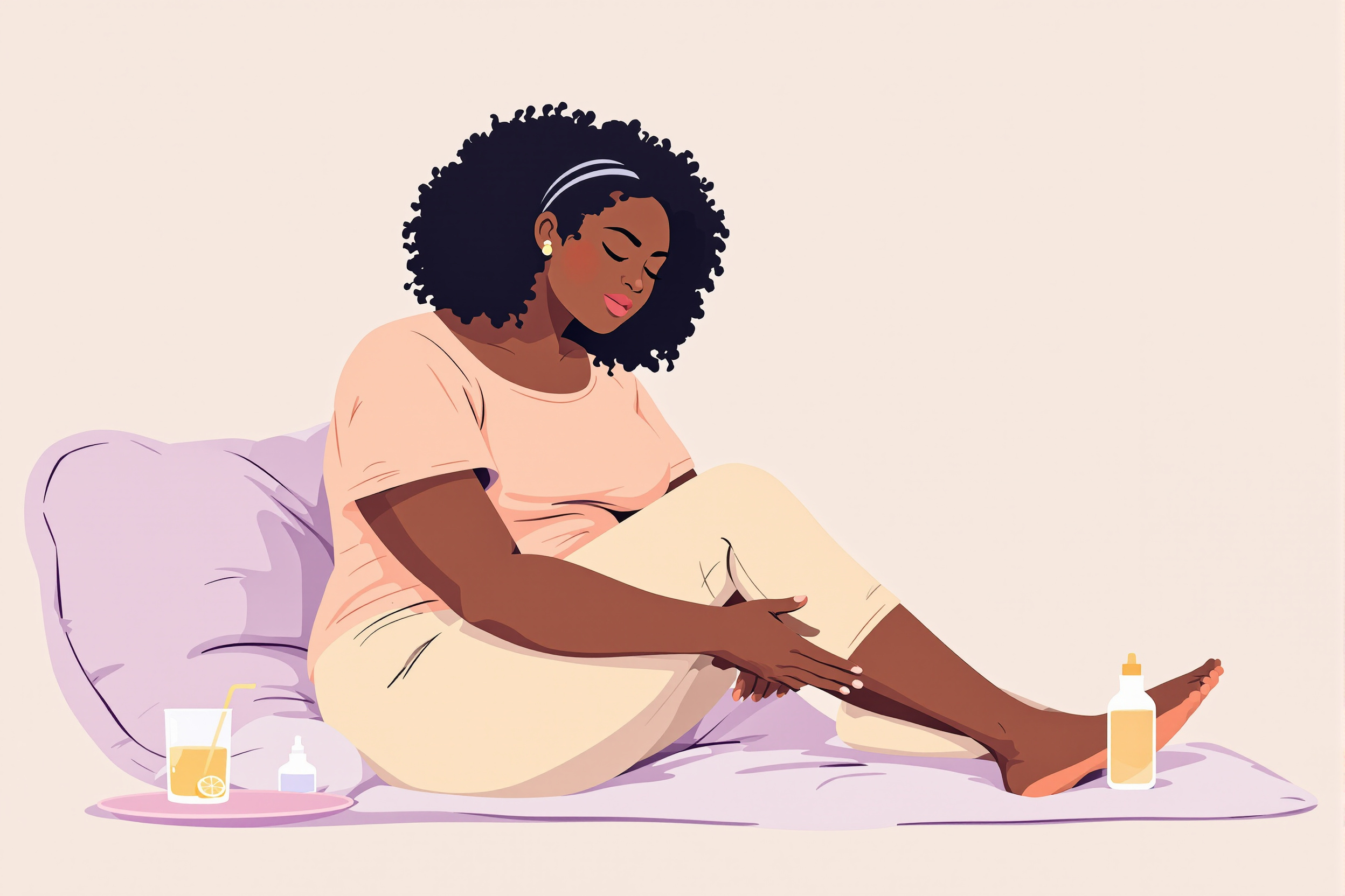 Frau betrachtet aufmerksam ihre Oberschenkel im natürlichen Licht