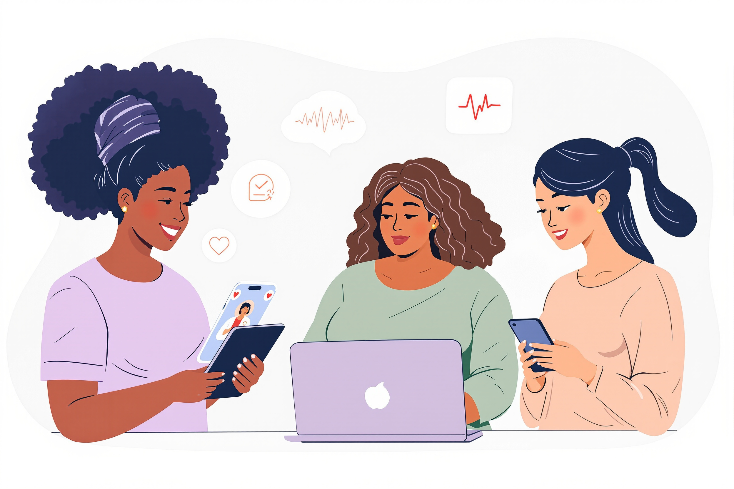 Frau nutzt LipoCheck App zur Lipödem-Diagnose auf ihrem Laptop und Smartphone zu Hause.