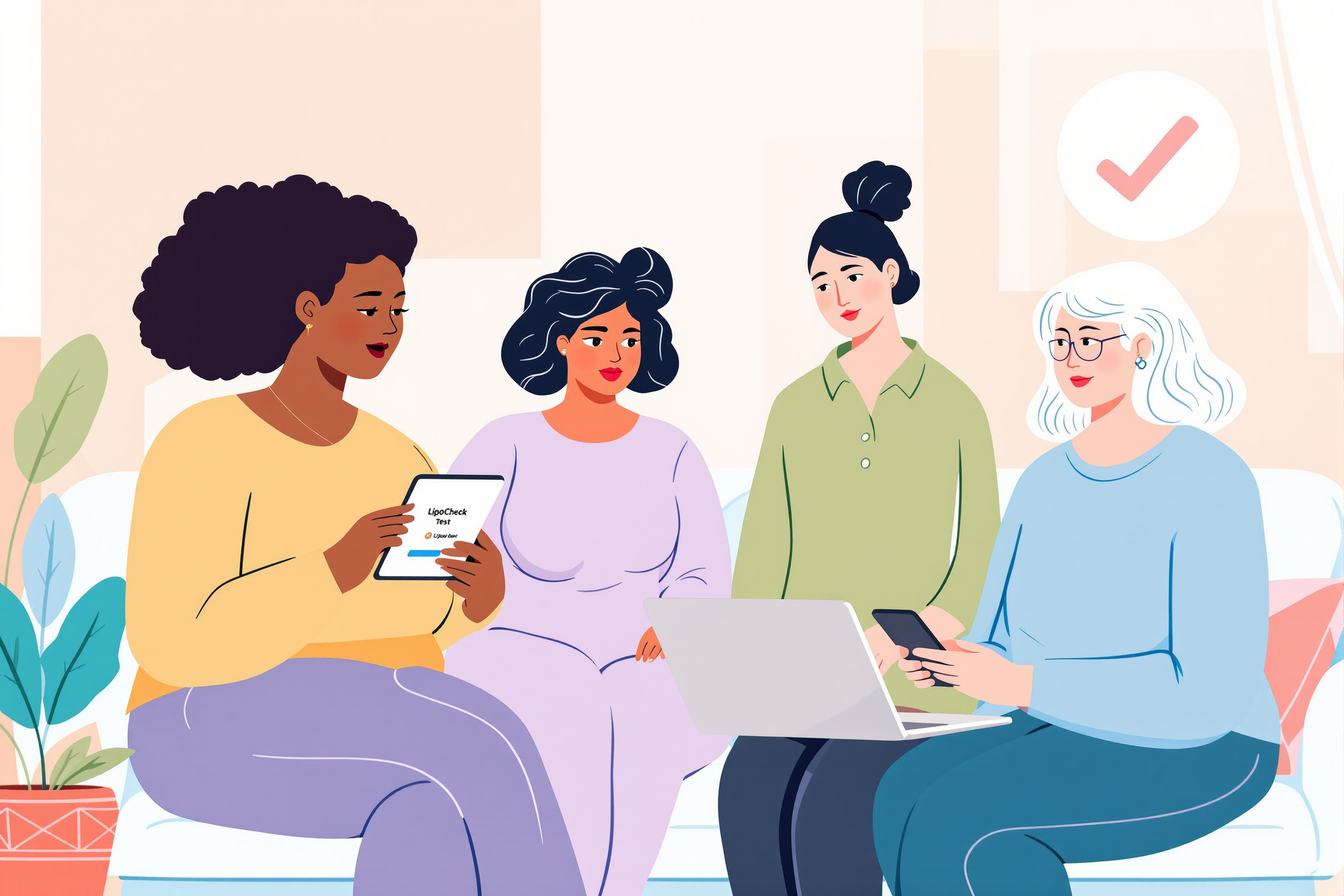 Frau führt zu Hause einen Lipödem-Test mit der LipoCheck-App auf ihrem Laptop durch.