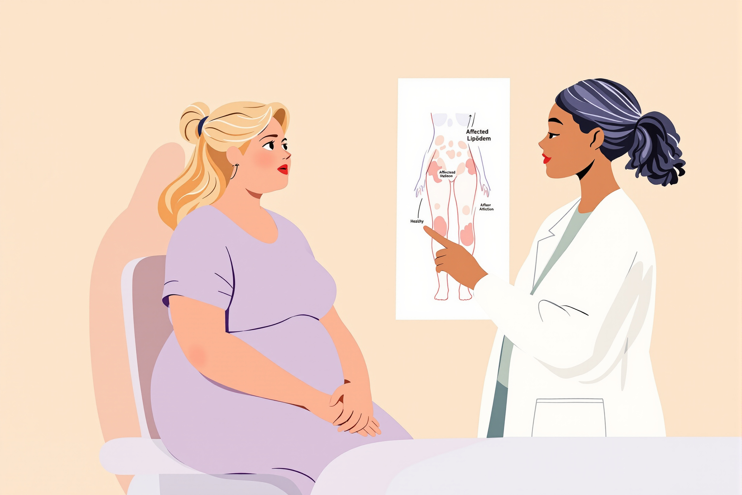 Ärztin untersucht Patientin mit Lipödem im Behandlungsraum.