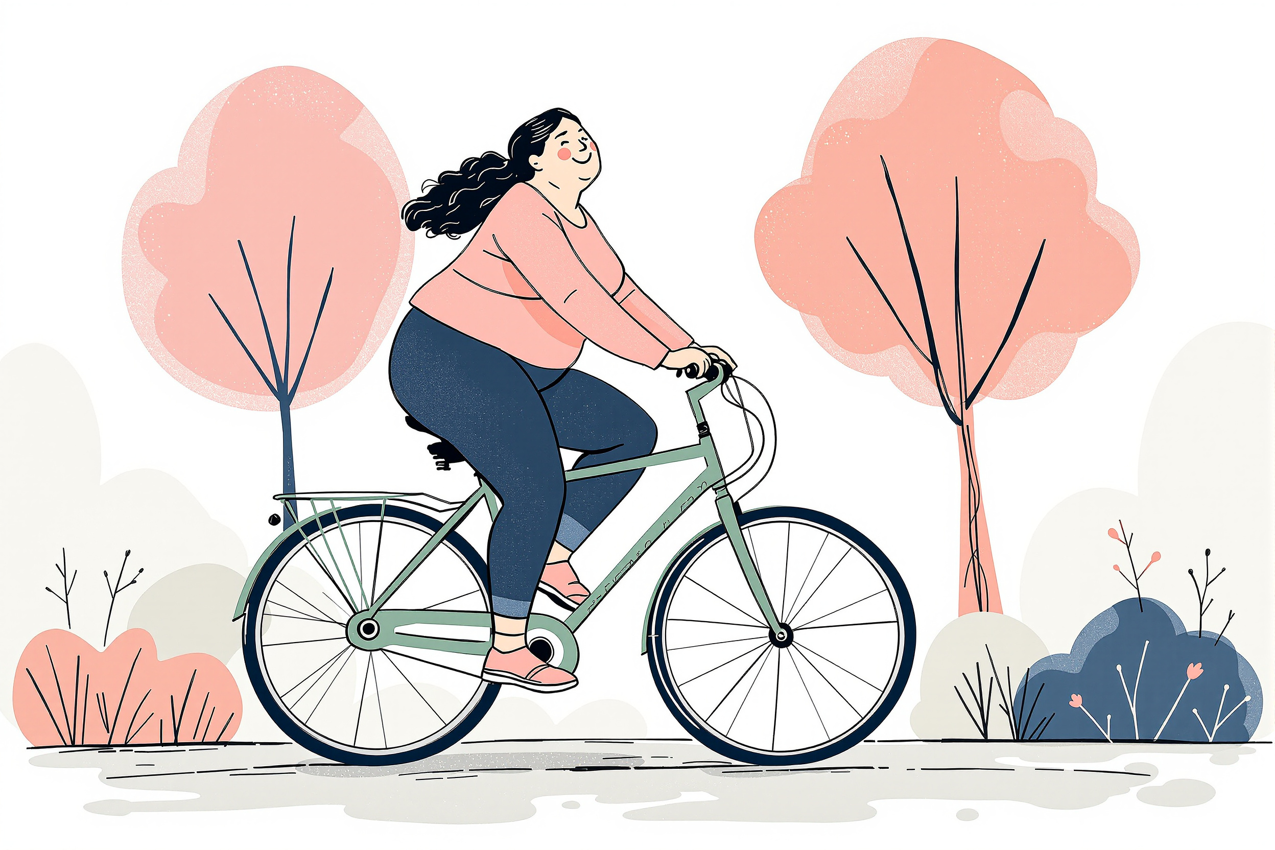 Frau mit Lipödem fährt Fahrrad auf einem Naturpfad, um Schmerzen zu lindern und ihre Aktivität zu steigern.