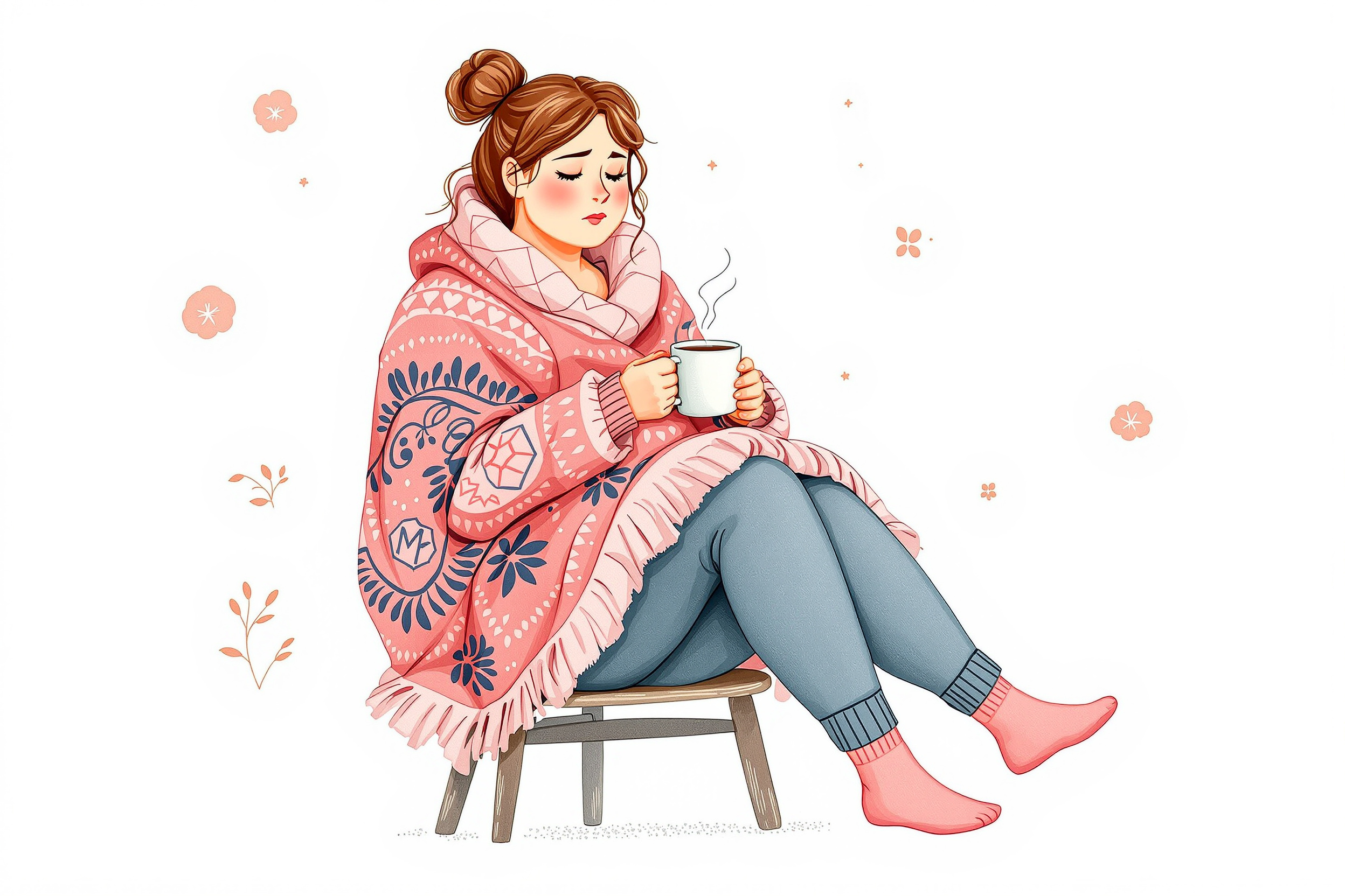 Frau friert zuhause auf der Couch und wärmt sich mit Tee.