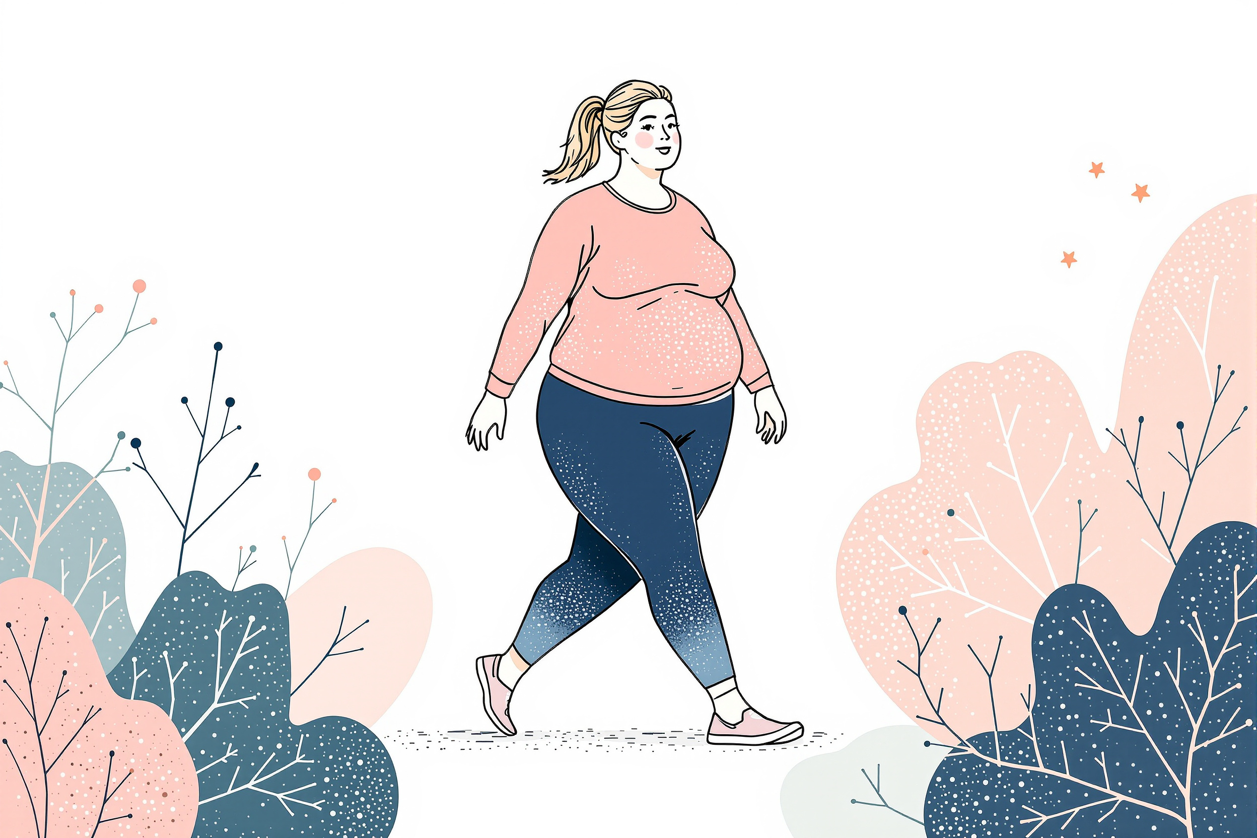 Frau geht zügig in der Natur, um Lipödemschmerzen zu lindern.