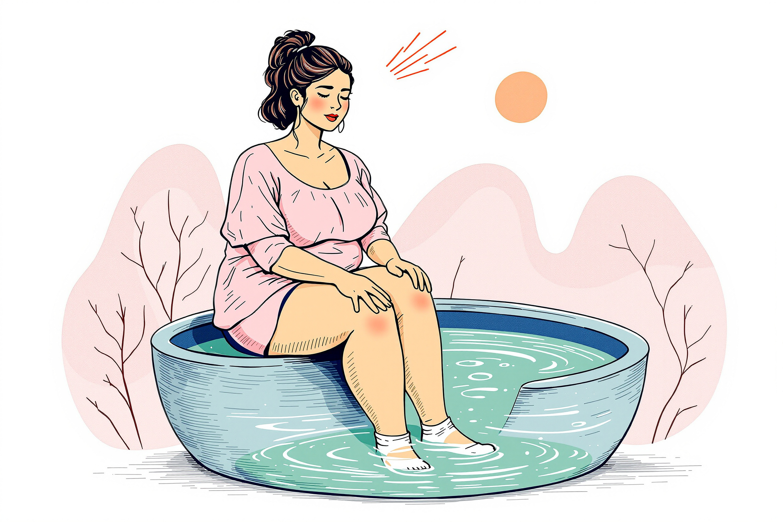 Frau mit Lipödem lindert Hitzebeschwerden zu Hause mit Kühlpack und Ventilator.