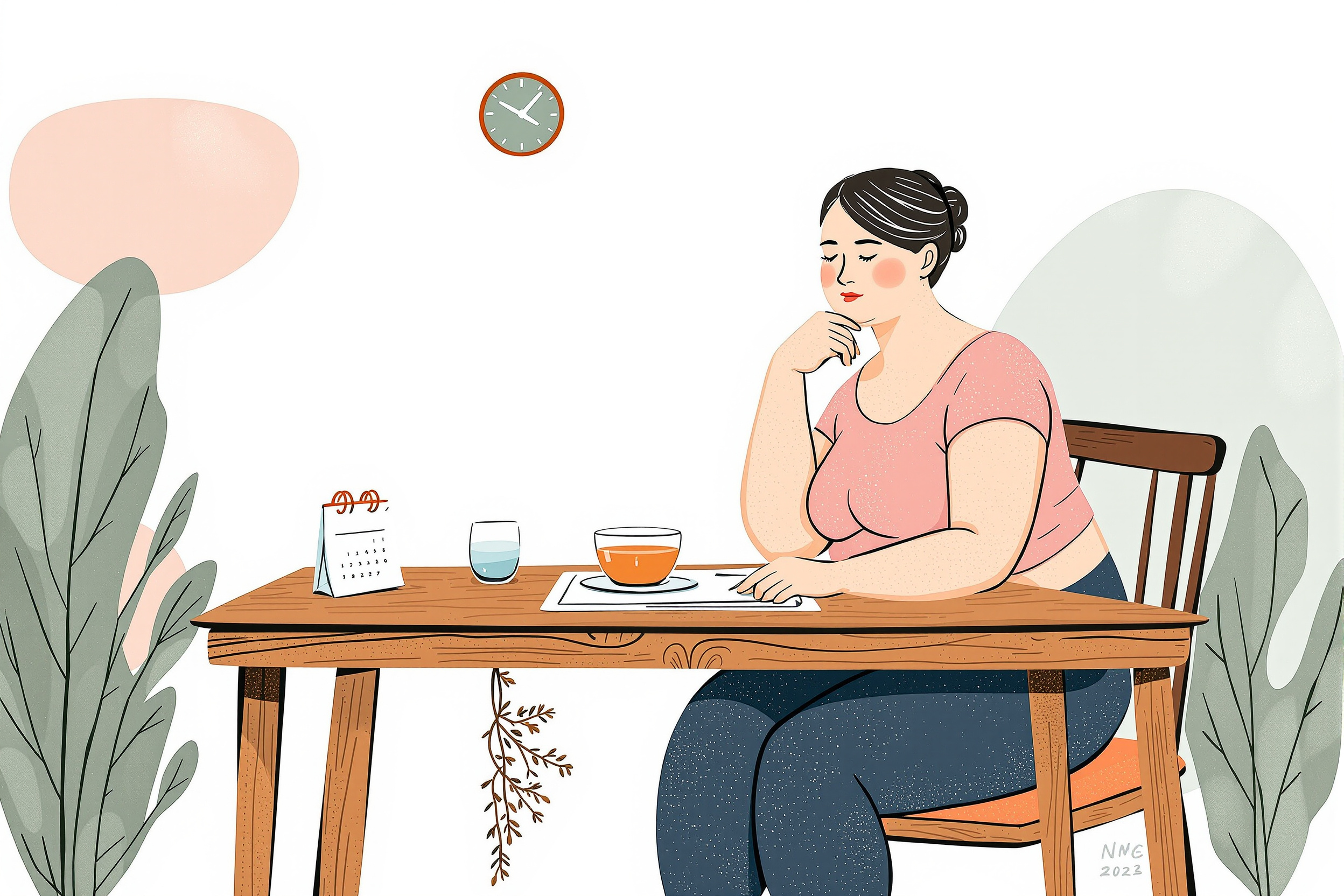 Frau sitzt entspannt in Küche und isst Haferbrei, während sie fastet, um Lipödem-Symptome zu lindern.