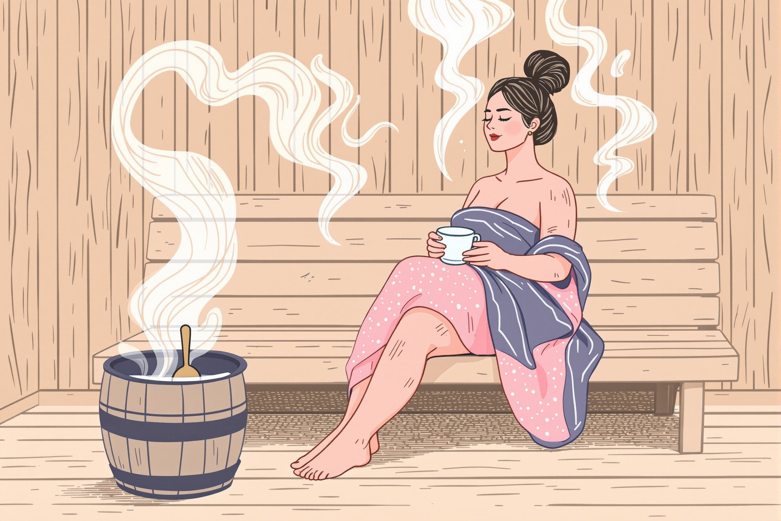 Frau mit Lipödem entspannt in einer Sauna.