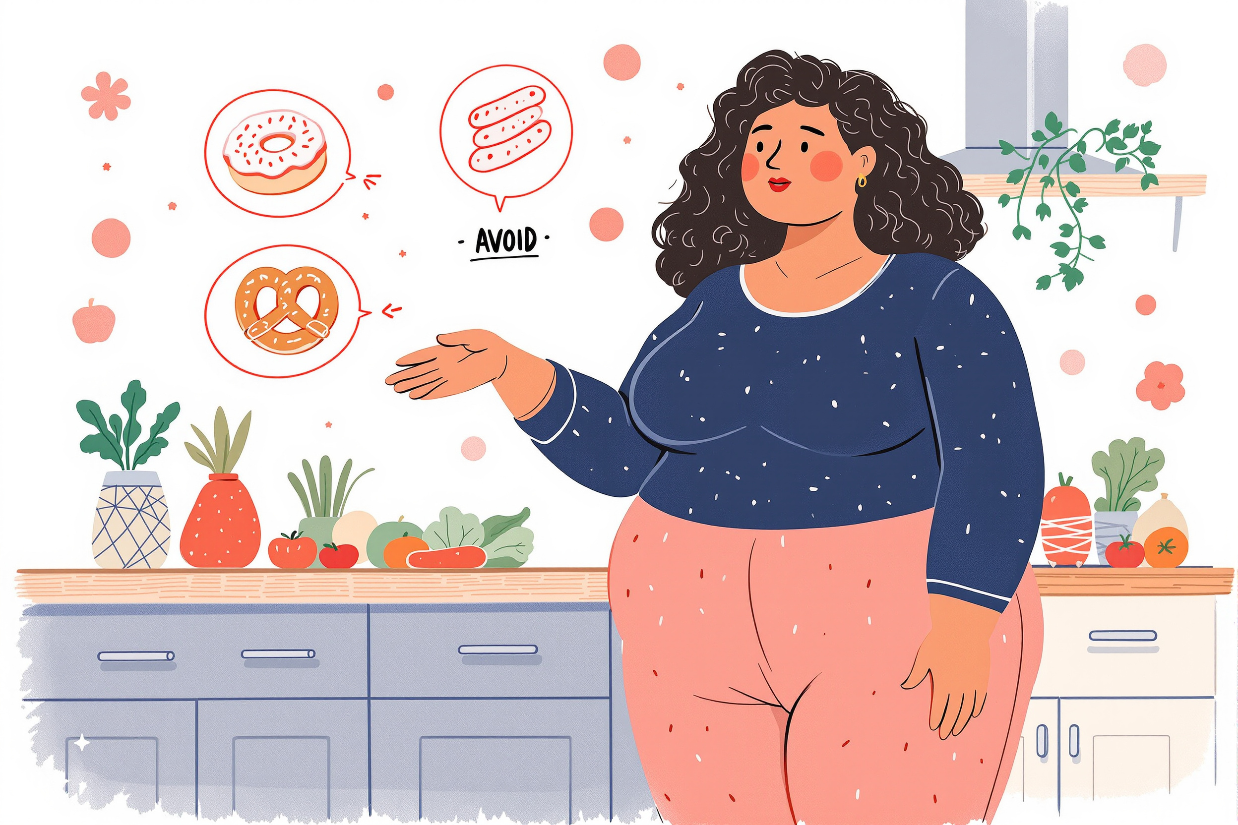 Frau betrachtet kritisch Lebensmittel in ihrer Küche, um ihre Ernährung bei Lipödem zu optimieren.