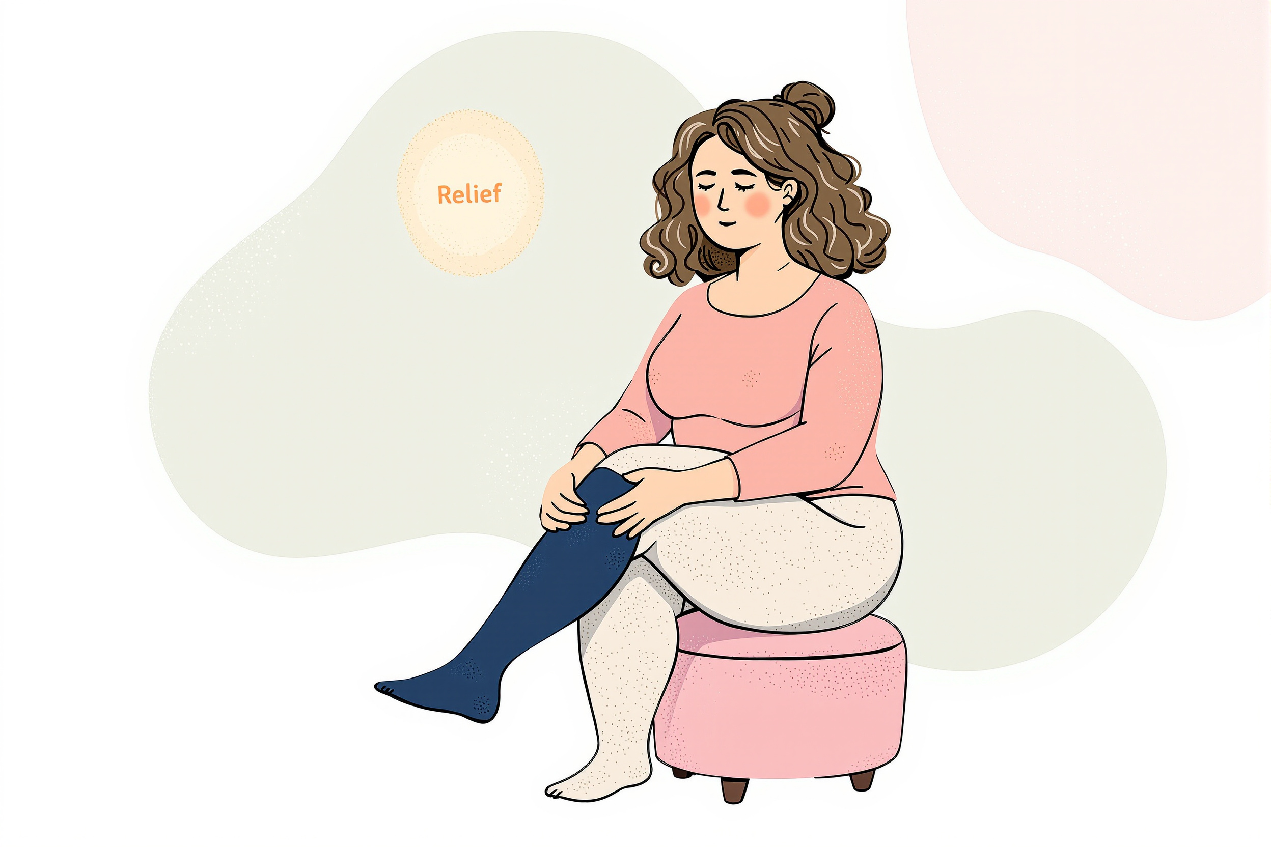 Frau mit Lipödem Stadium 1 massiert ihr Bein zu Hause mit Kompressionsstrümpfen.