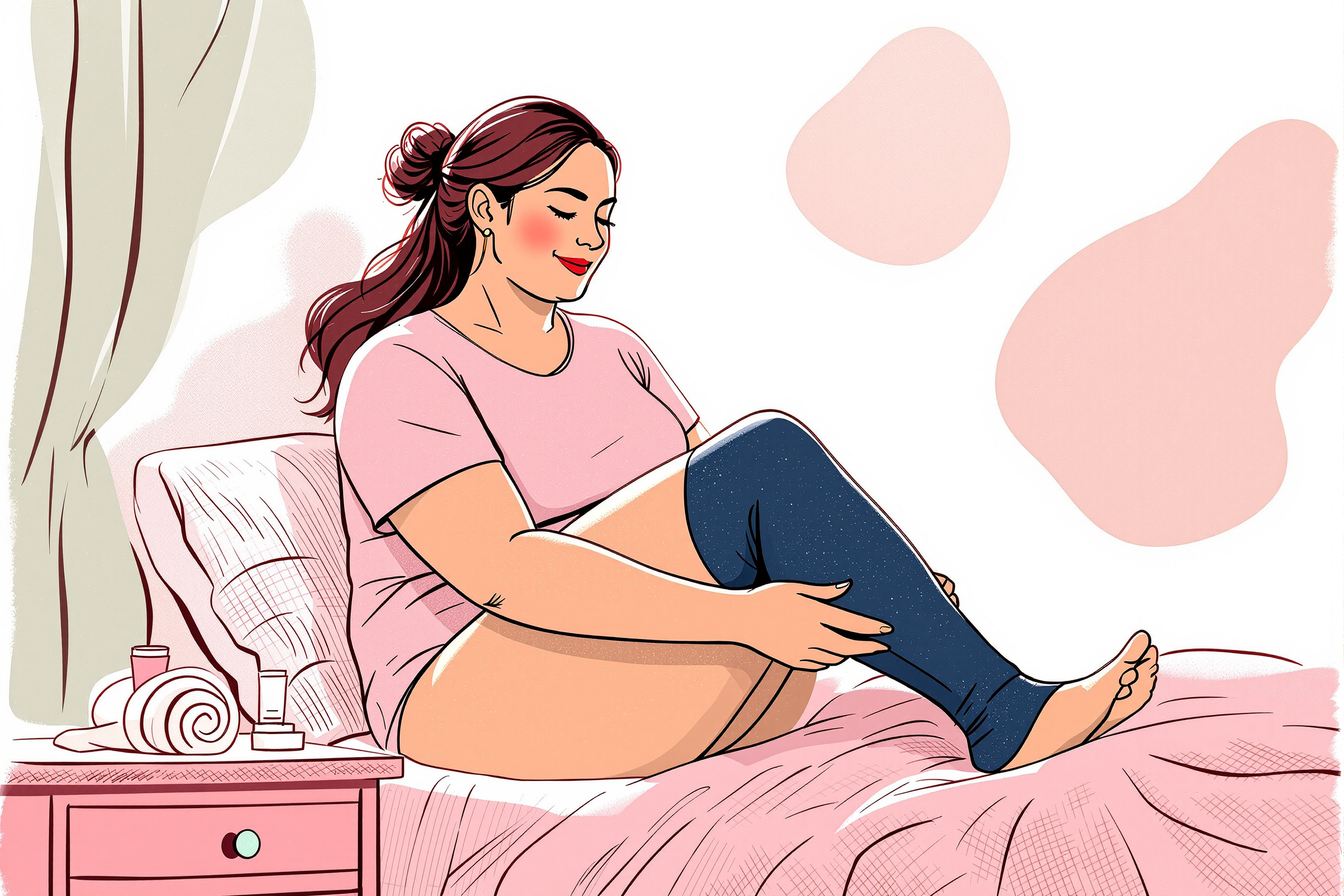 Frau trägt zu Hause Kompressionsstrümpfe zur Linderung von Lipödem-Schmerzen.