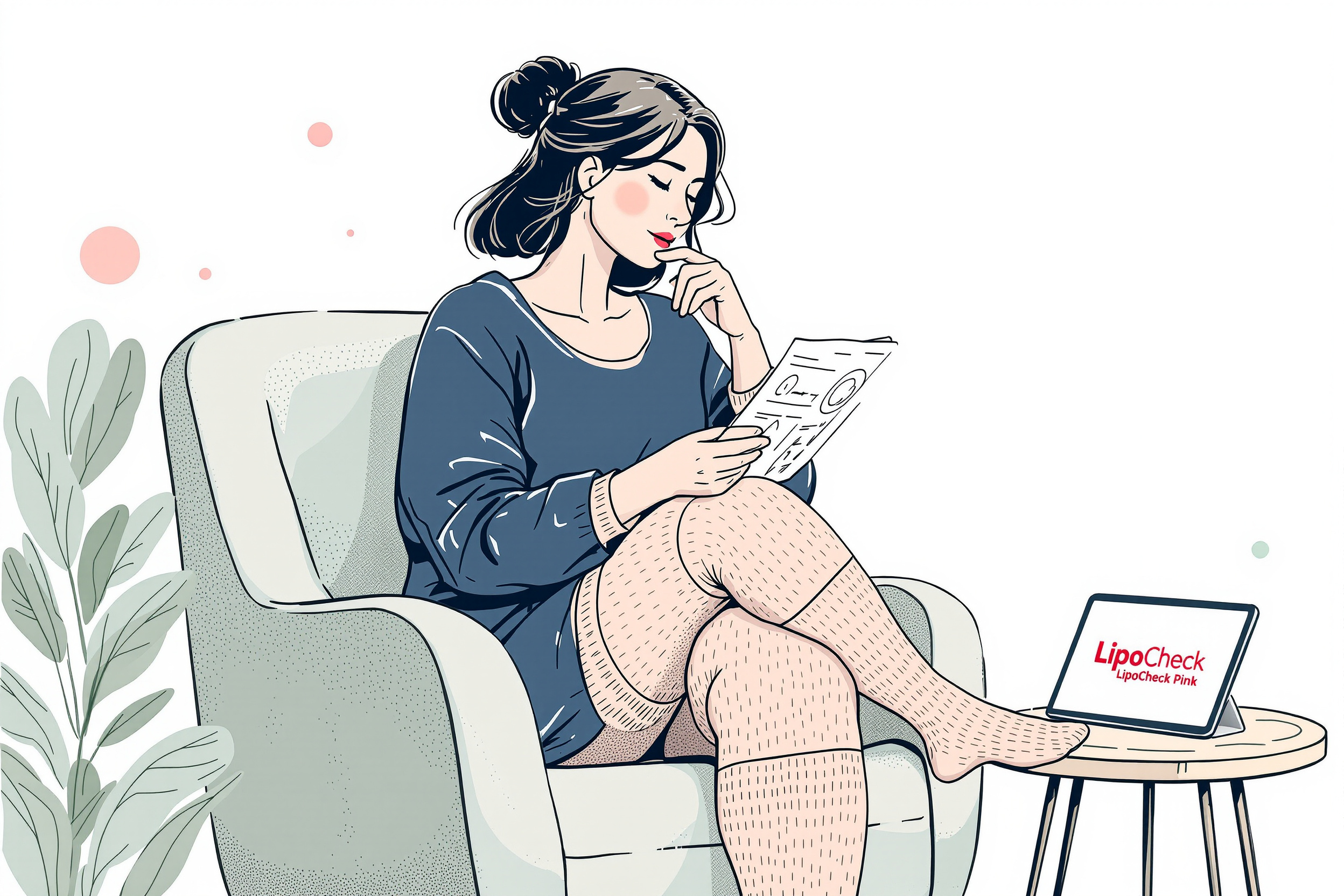 Frau zieht zu Hause Kompressionsstrümpfe an, um Lipödem-Symptome zu lindern.