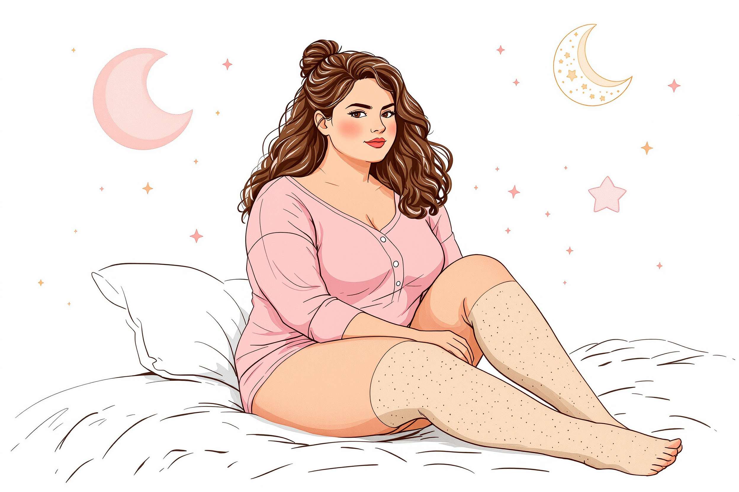 Frau liest im Bett und trägt Kompressionsstrümpfe