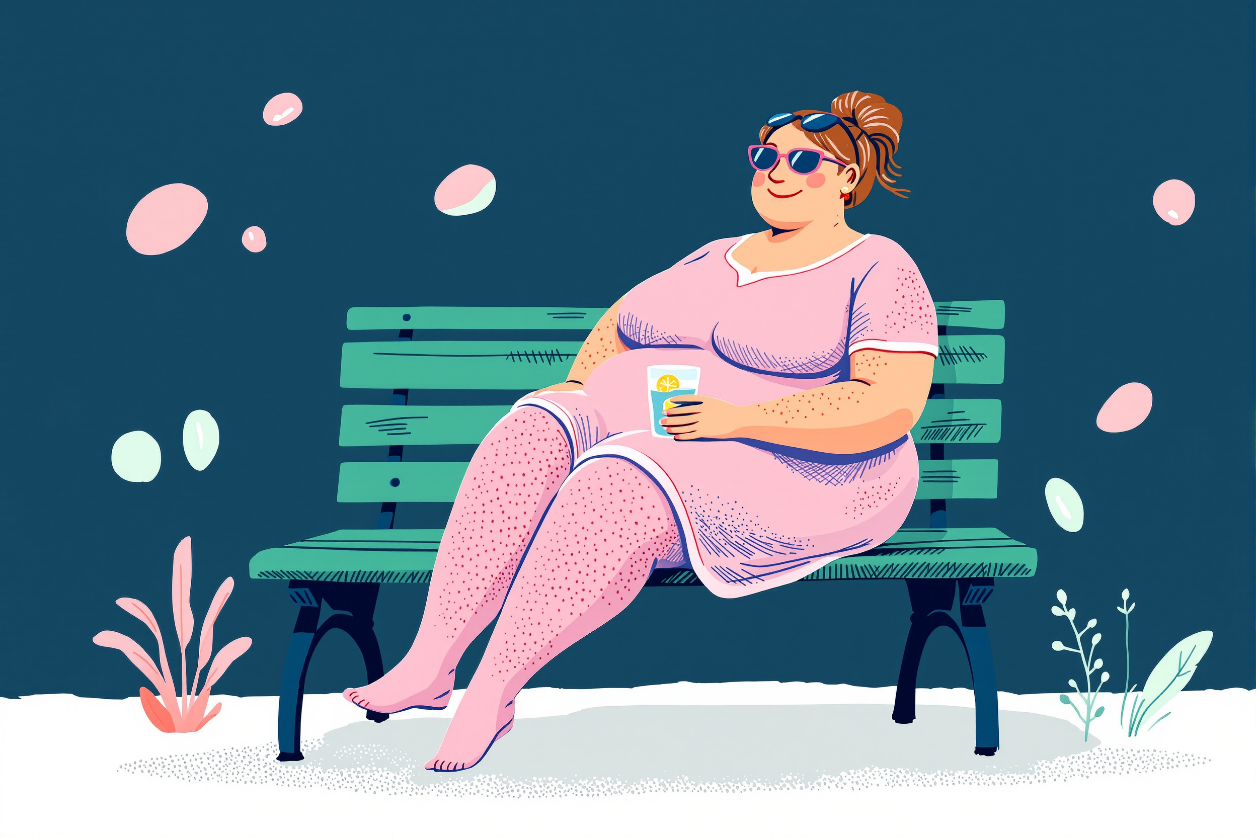 Frau sitzt im Sommer mit Kompressionsstrümpfen entspannt im Park.