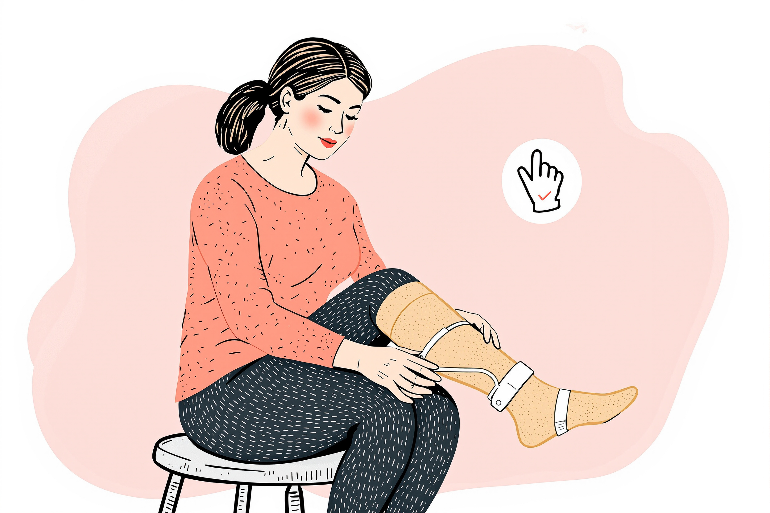 Frau zieht Kompressionsstrümpfe bei Lipödem an