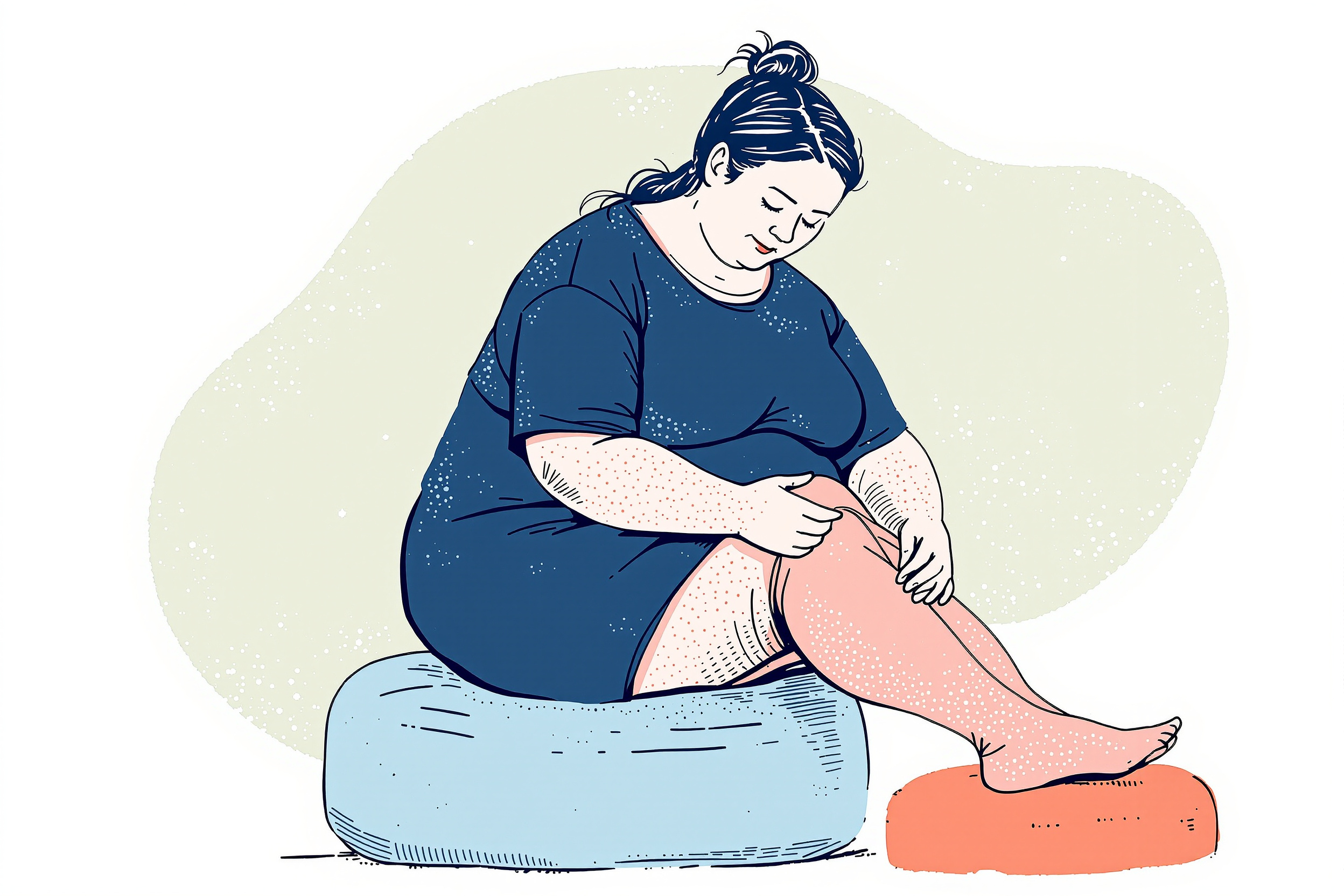 Frau sitzt entspannt mit Kompressionsstrümpfen im Wohnzimmer und trinkt Tee.