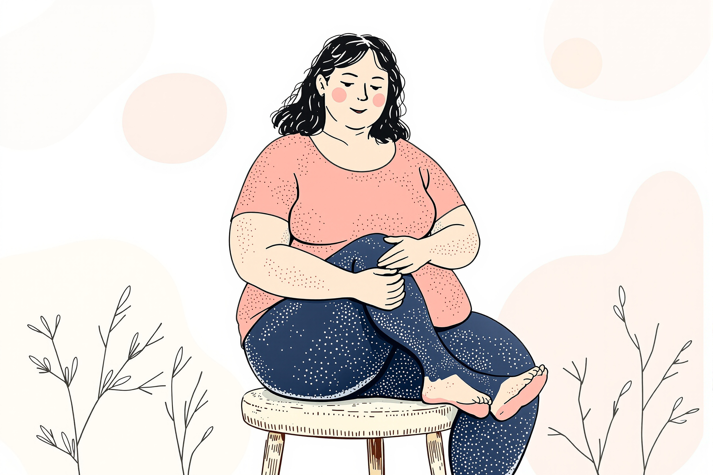 Frau in Kompressionskleidung erholt sich nach Liposuktion zu Hause.