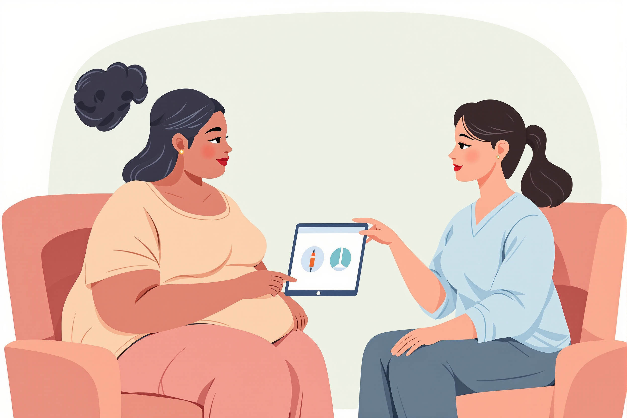 Flache Vektorillustration im freundlichen Stil: Eine Patientin mit Lipödem und eine Ärztin betrachten nachdenklich ein Tablet mit medizinischen Symbolen (Injektionspen und Waage), um eine neue Behandlungsoption zu besprechen. Pastellfarben auf salbeigrünem Hintergrund.
