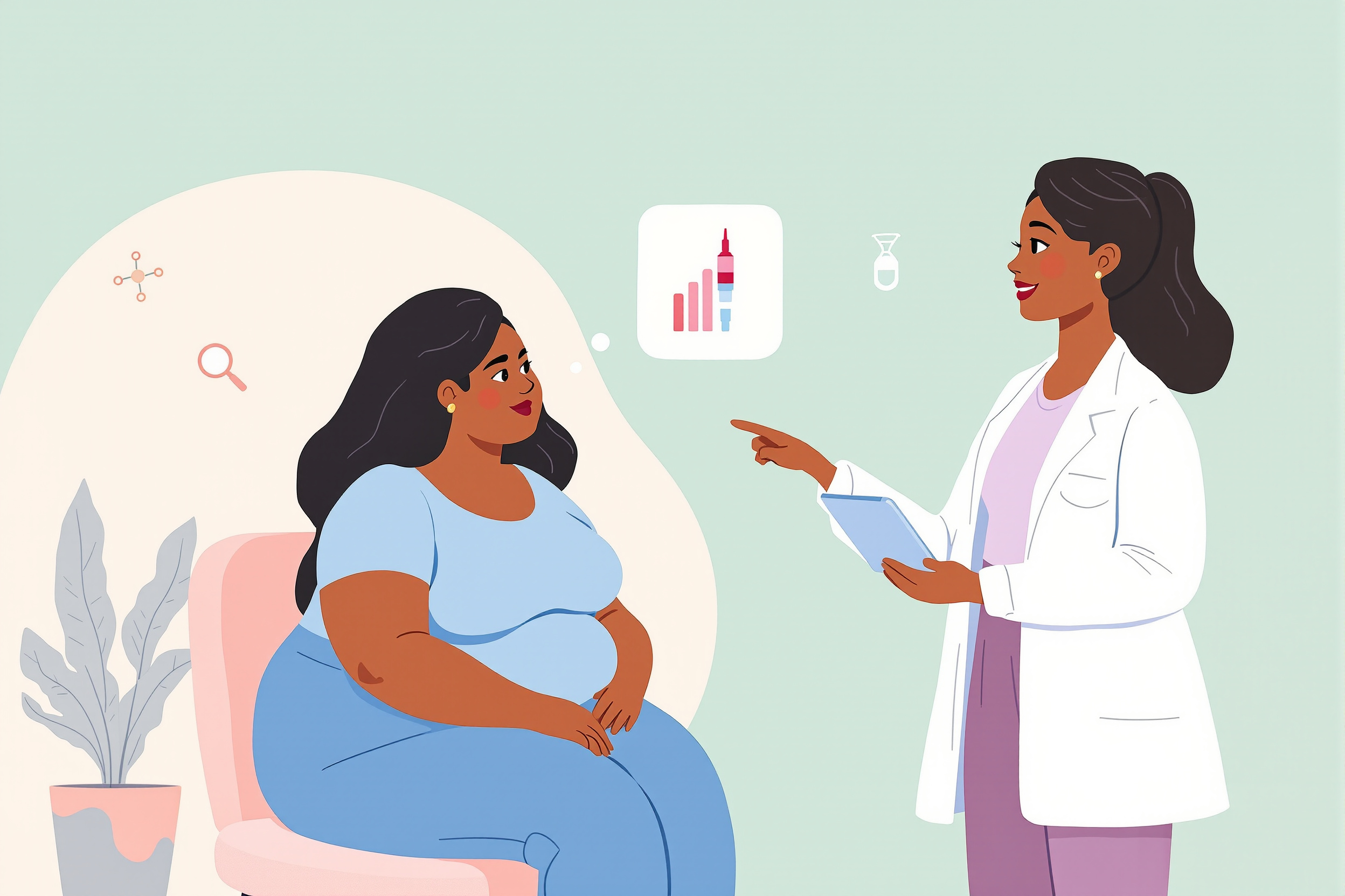Editorial Vektorillustration: Ärztin und Patientin mit Lipödem besprechen auf einem Tablet Forschungsergebnisse und eine stilisierte Abnehmspritze.